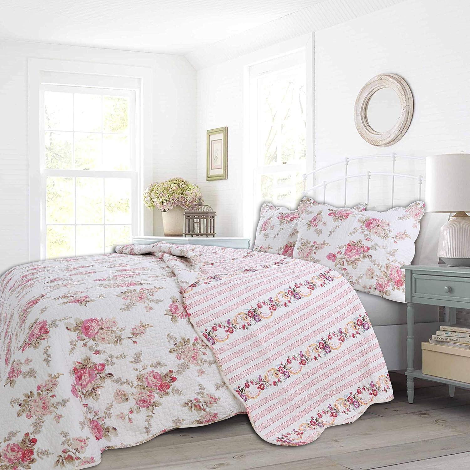 Queen Pink Floral Cotton Reversible Quilt Set