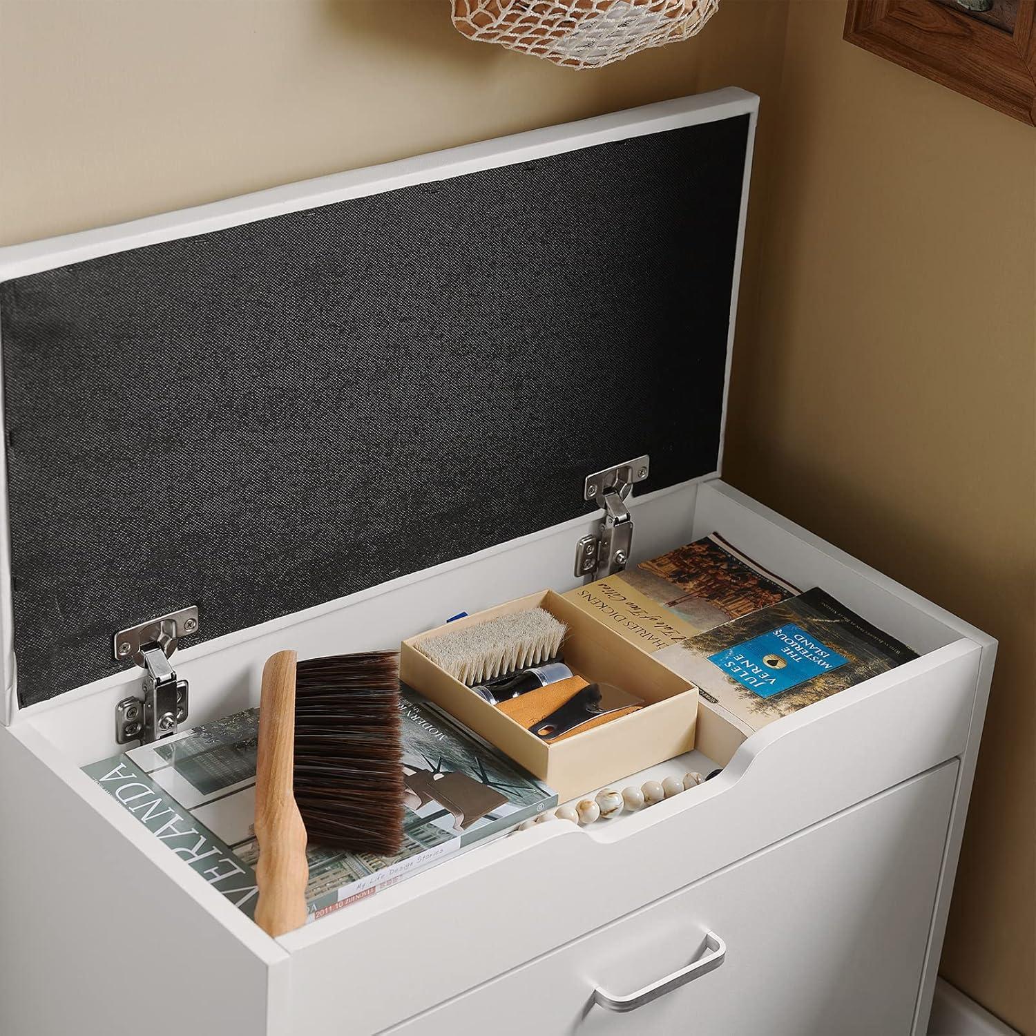 SoBuy Small Shoe Bench, Narrow Shoe Cabinet with Folding Padded Seat, Small Space Shoe Rack, White, FSR95-W