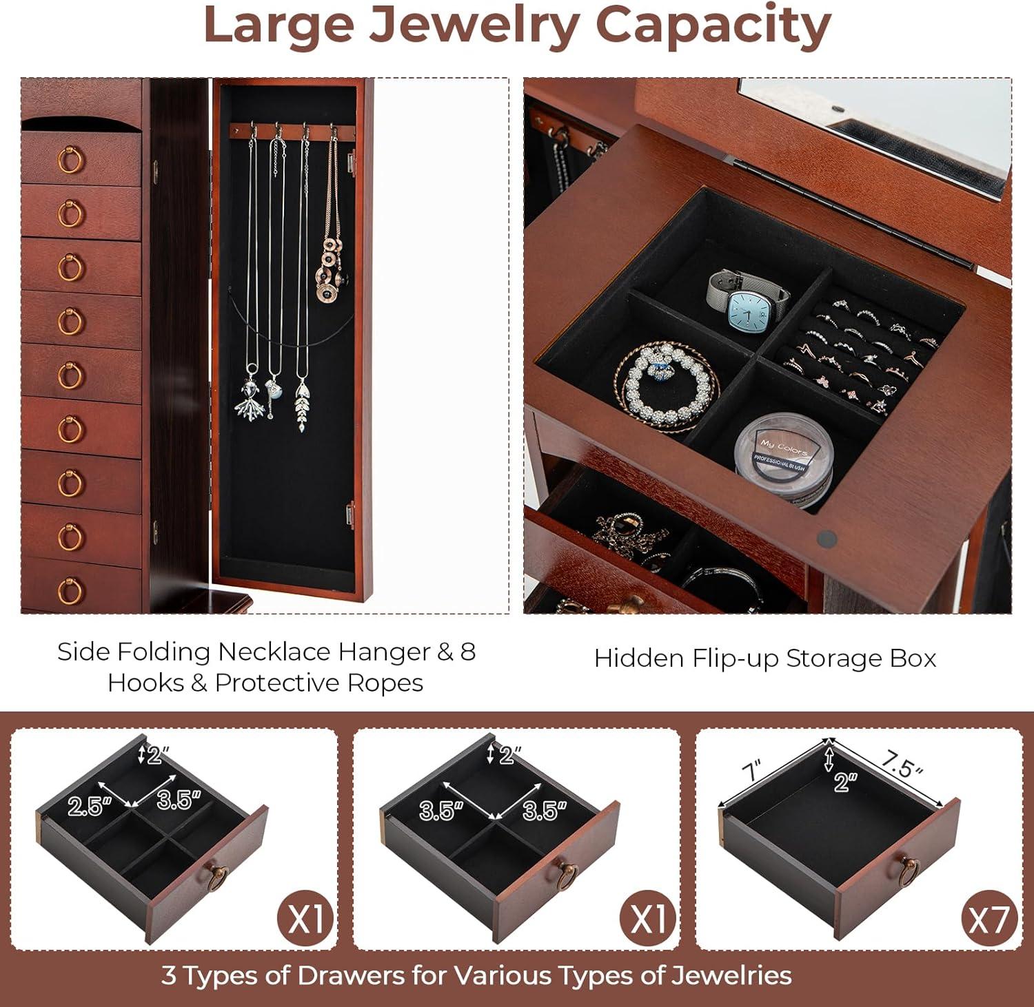NAFORT Jewelry Armoire with Top Flip Vanity Mirror, Jewelry Cabinet with 9 Drawers and 2 Side Doors for Necklace, Large Storage Capacity Jewelry Organizer and Storage, Walnut