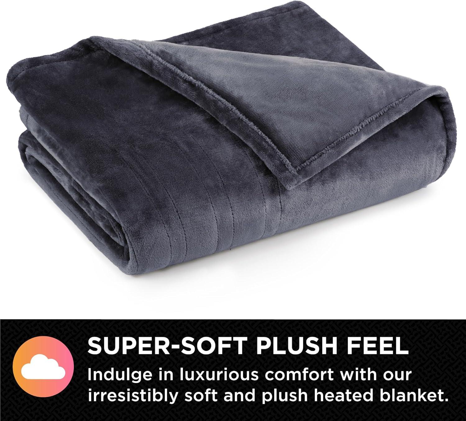 Twin Gray Polyester Heated Plush Blanket with Timer