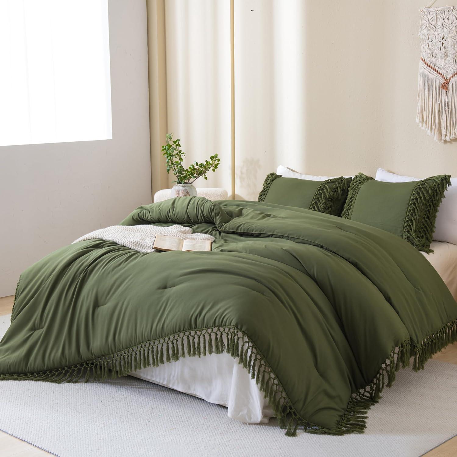 Sage Green King Microfiber Boho Tassel Comforter Set