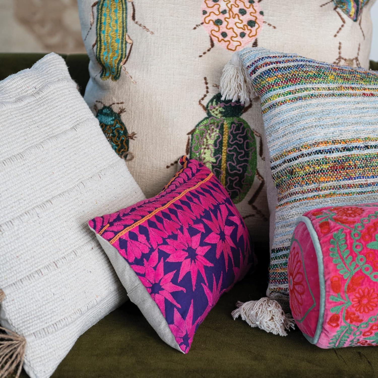 Multicolor Cotton Embroidered Square Pillow with Tassels