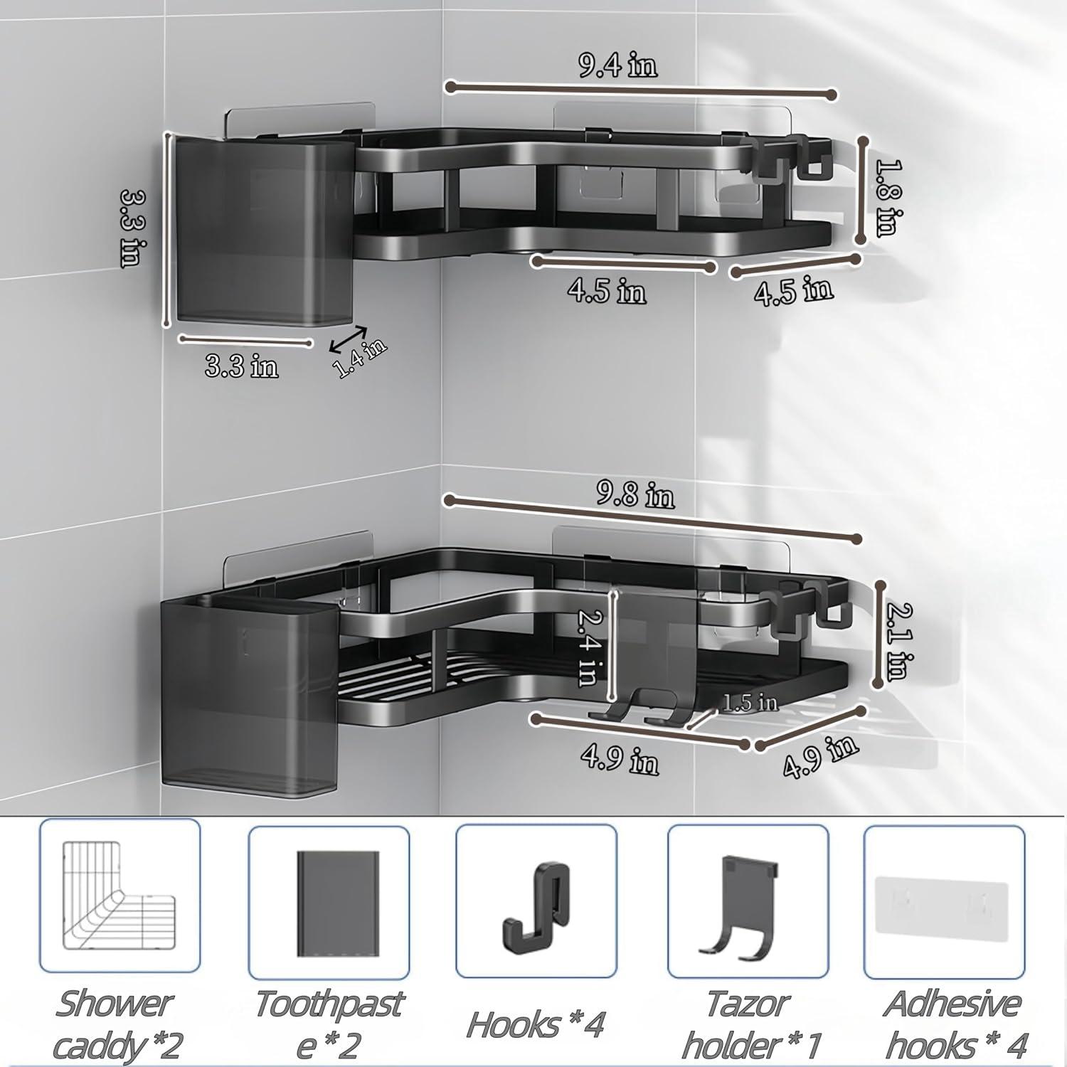 Corner Shower Caddy 2 Pack Organizer Shelves No Drilling Stainless Steel with Hooks&Toothpaste Holder