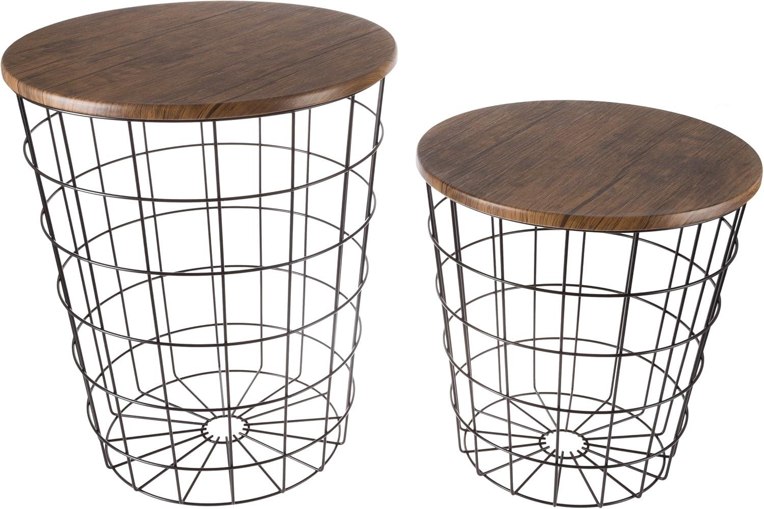 Round Wood and Metal Nesting Side Tables with Storage