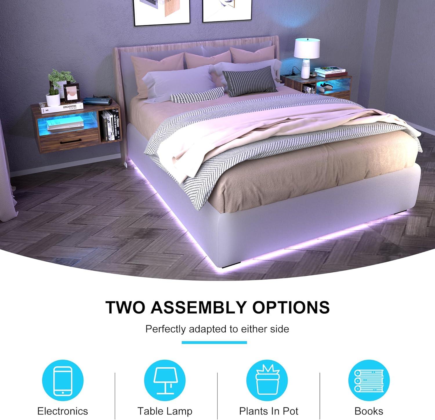Floating Nightstand with Charging Station and LED Light Strips, 21.3" Night Stand with Drawers, Floating Bedside with USB Ports and Outlets, Bedroom Furniture