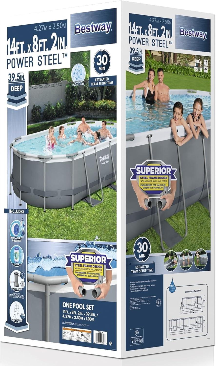 Bestway Power Steel 14' x 8'2" x 39.5" Oval Above Ground Pool Set | Includes 530gal Filter Pump, Ladder, ChemConnect Dispener
