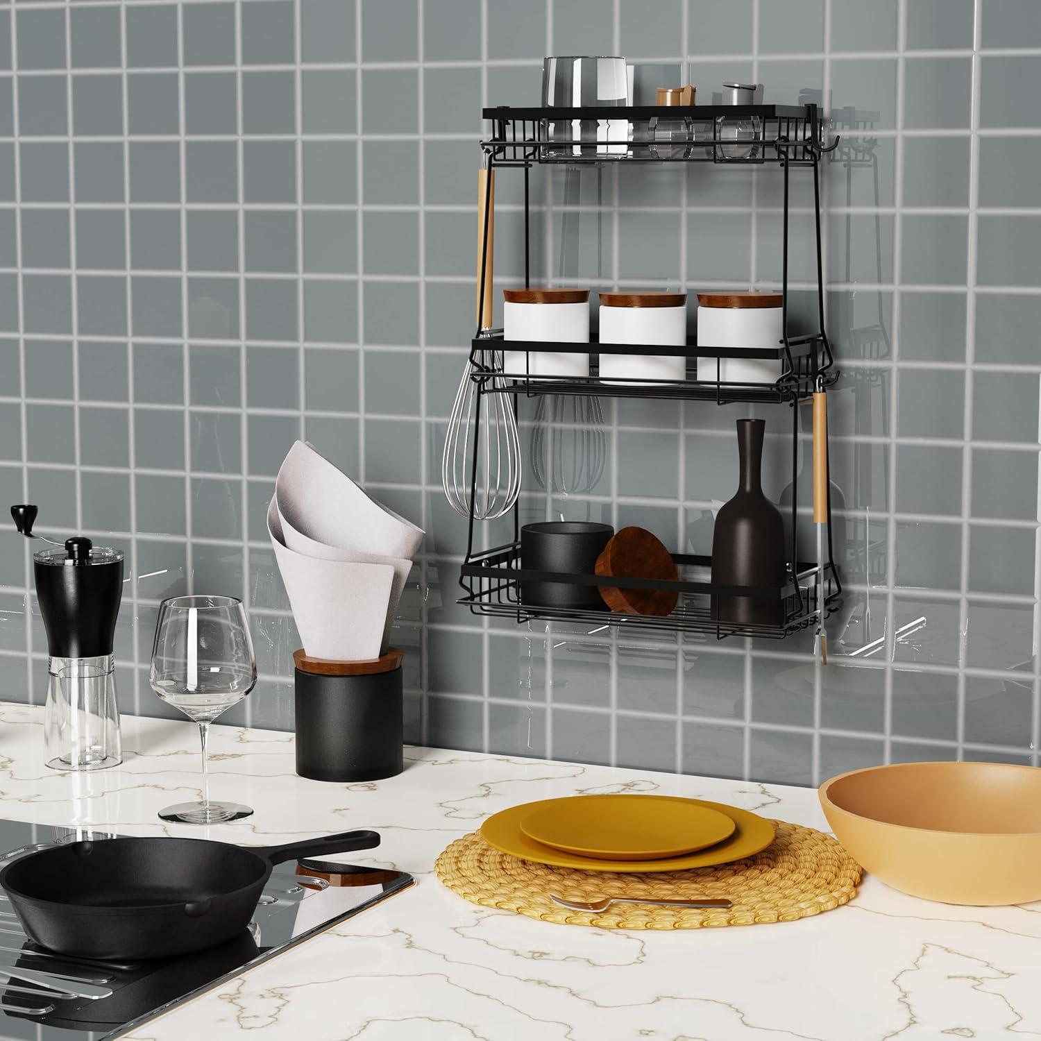 NiHome Waterproof Iron 3-Shelf Bathroom Organizer with Hooks, Black