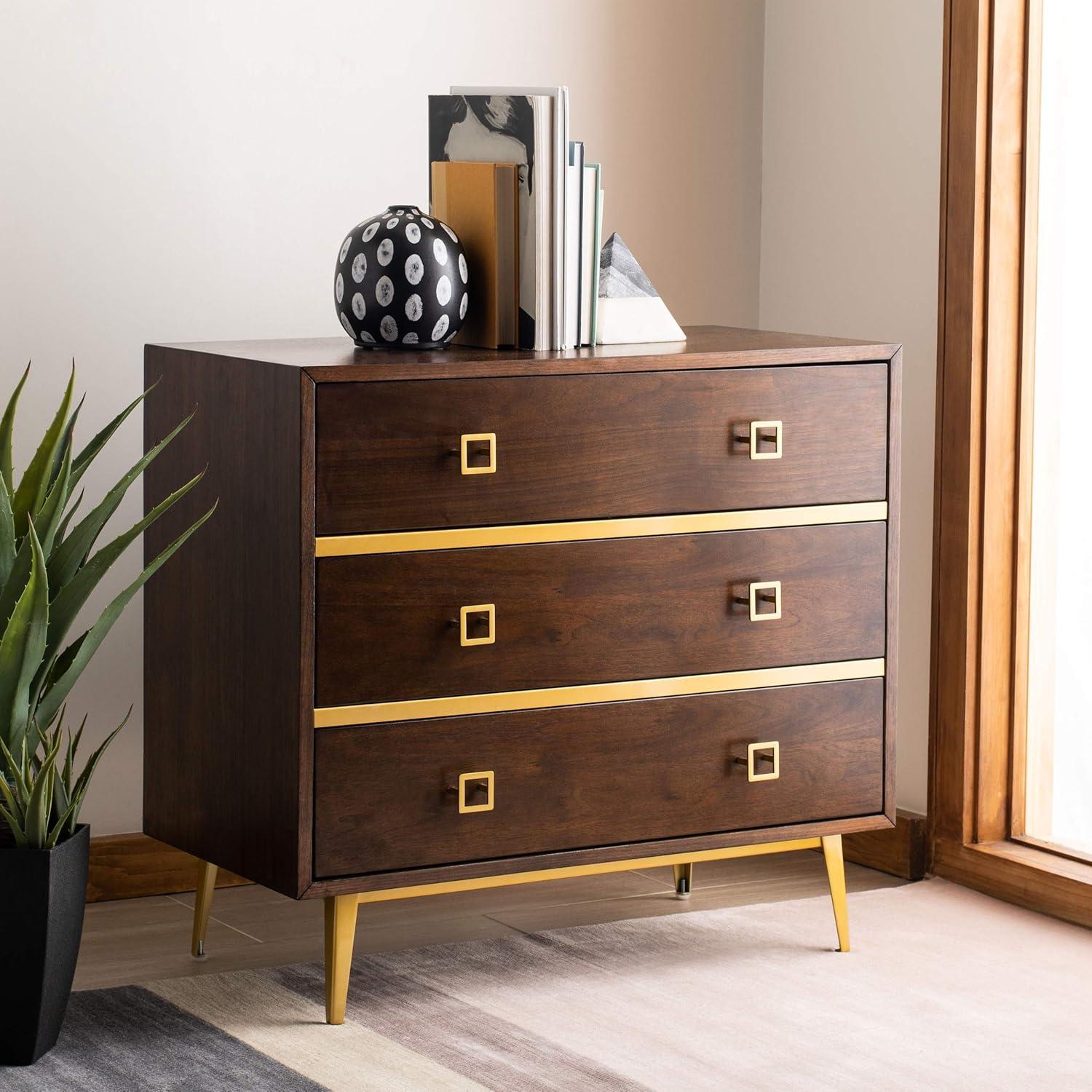 Katia Transitional Walnut 3-Drawer Chest with Gold Accents