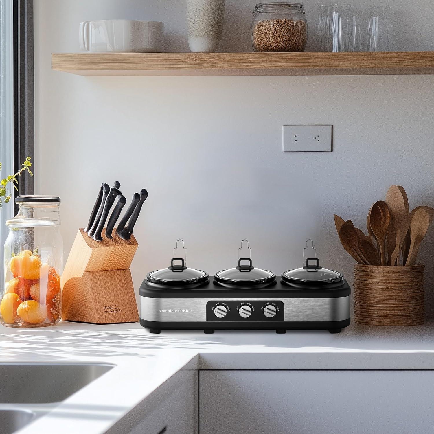 Complete Cuisine Stainless Steel Triple Slow Cooker, Buffet Food Server with Removable Ceramic Pots, Glass Lids for Kitchen, 2.5 Quart, Black/Silver