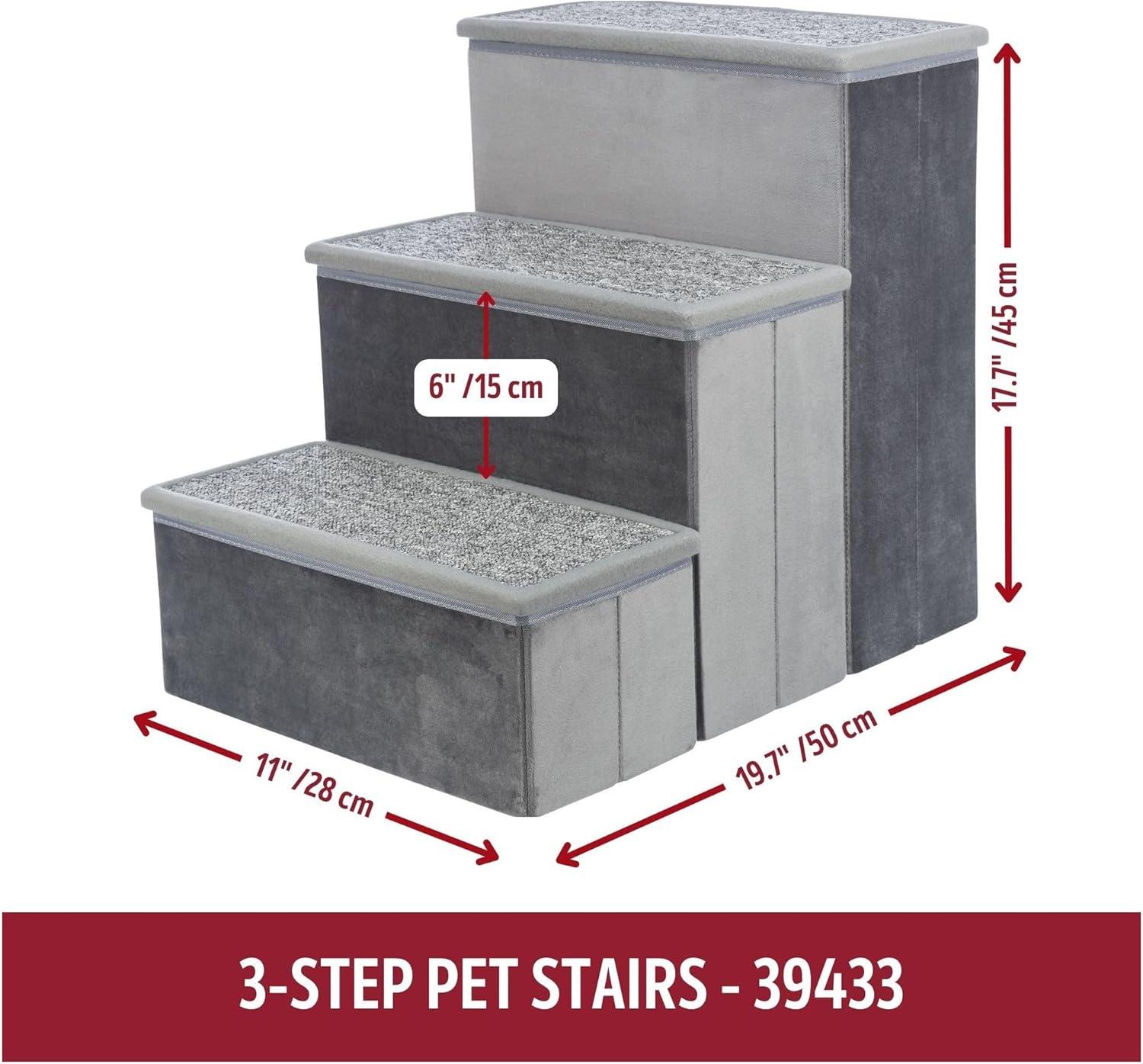 Gray Velour 3-Step Pet Stairs with Storage Compartments