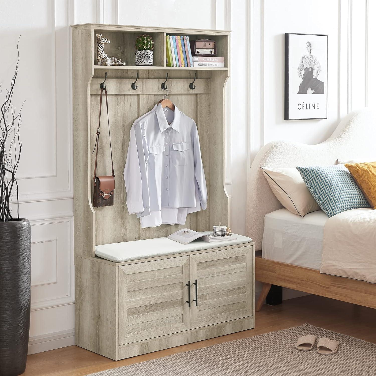 Betoko Hall Trees with Bench and Coat Racks, Farmhouse 71 Inch Entryway Bench with Sliding Barn Door, Wood Coat Tree Mudroom Storage Benches with Drawers (Walnut)