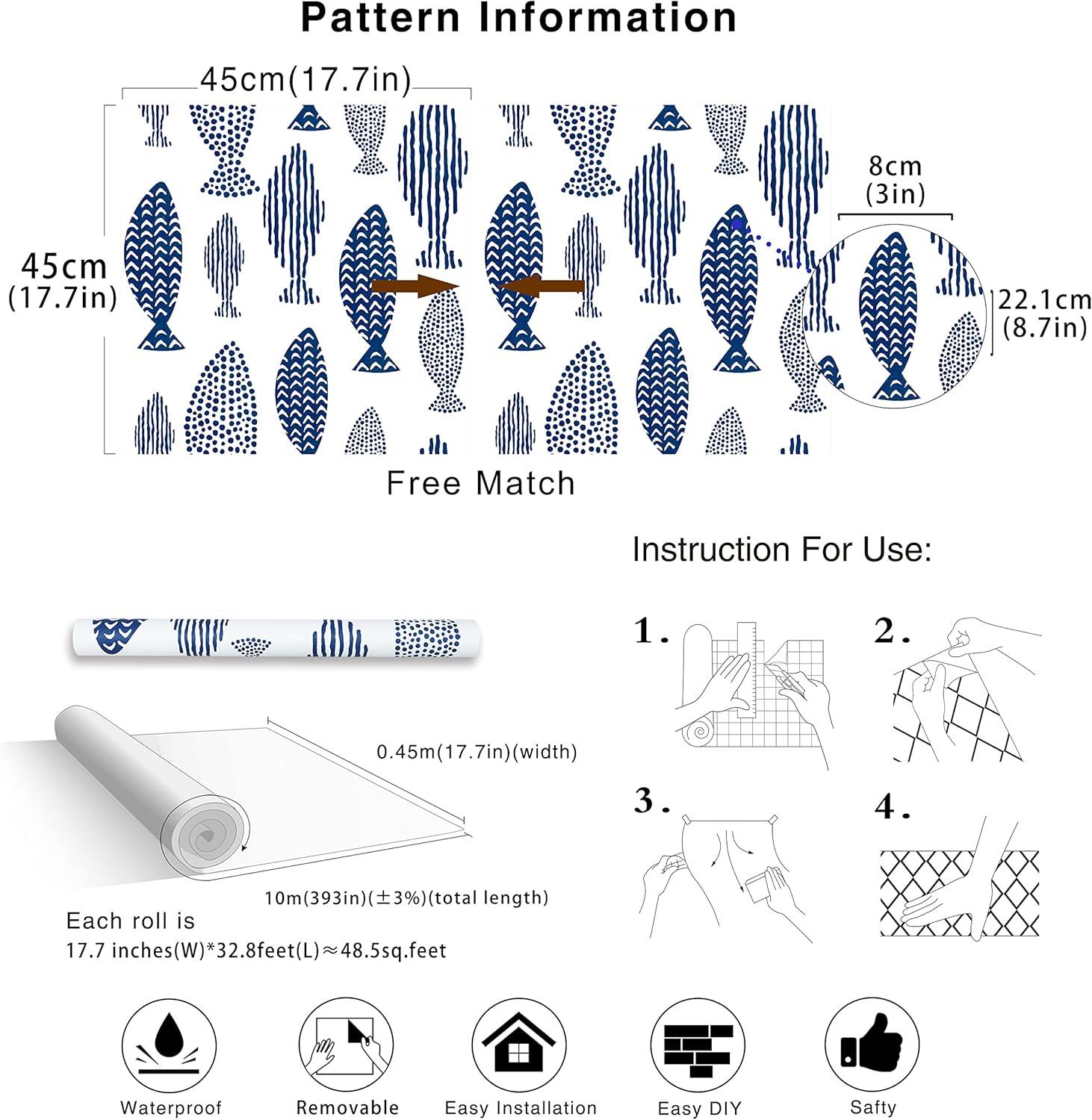 HAOKHOME Peel and Stick Wallpaper Coastal Fish Abstract Underwater World Trellis Navy Blue Removable Contact Paper for Home Bathroom Decorations 17.7in x 32.8ft