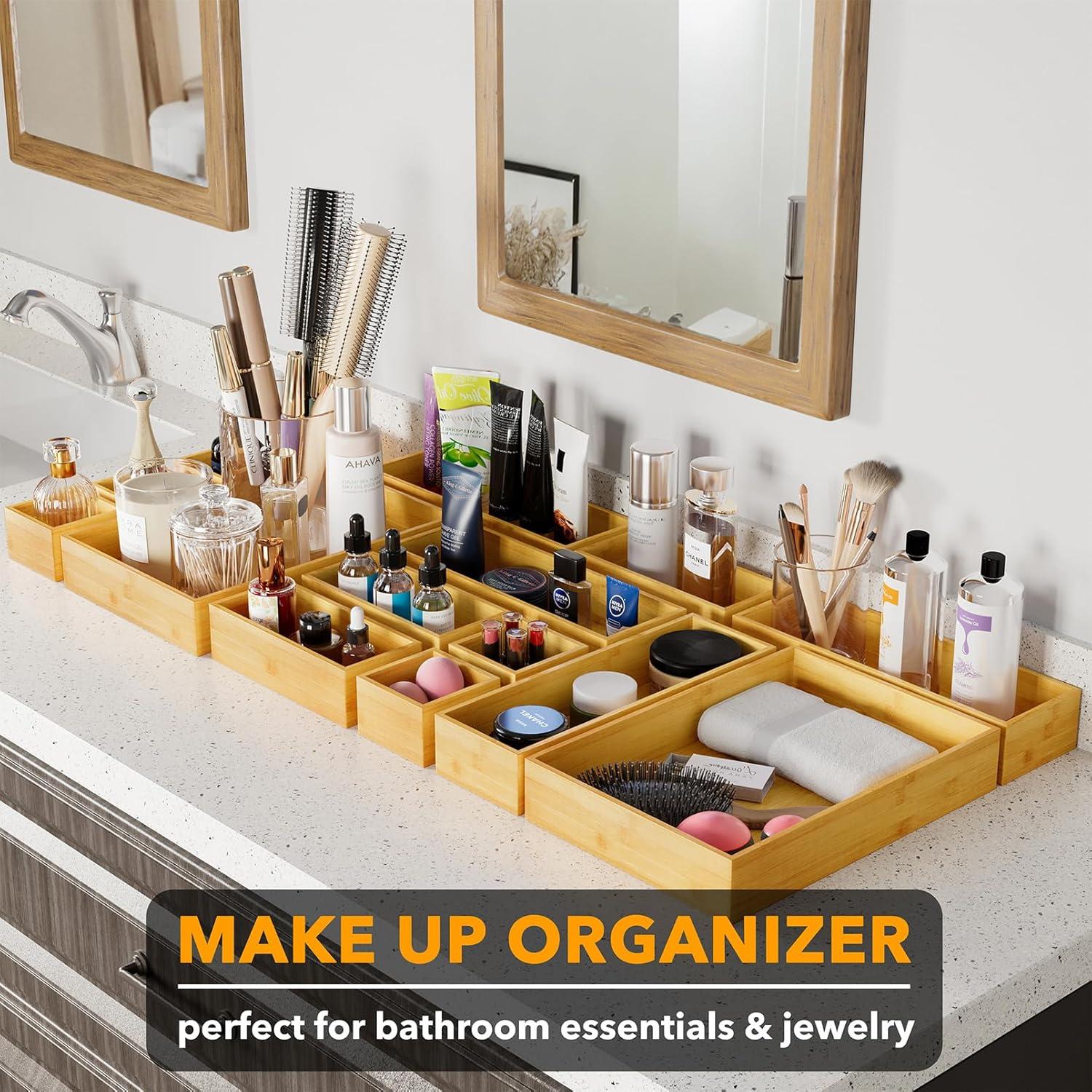 SpaceAid 14-Piece Bamboo Drawer Organizer Set, Multi-Use Wood Tray Dividers For Kitchen, Bathroom, Office Desk, And Makeup Storage (Natural)