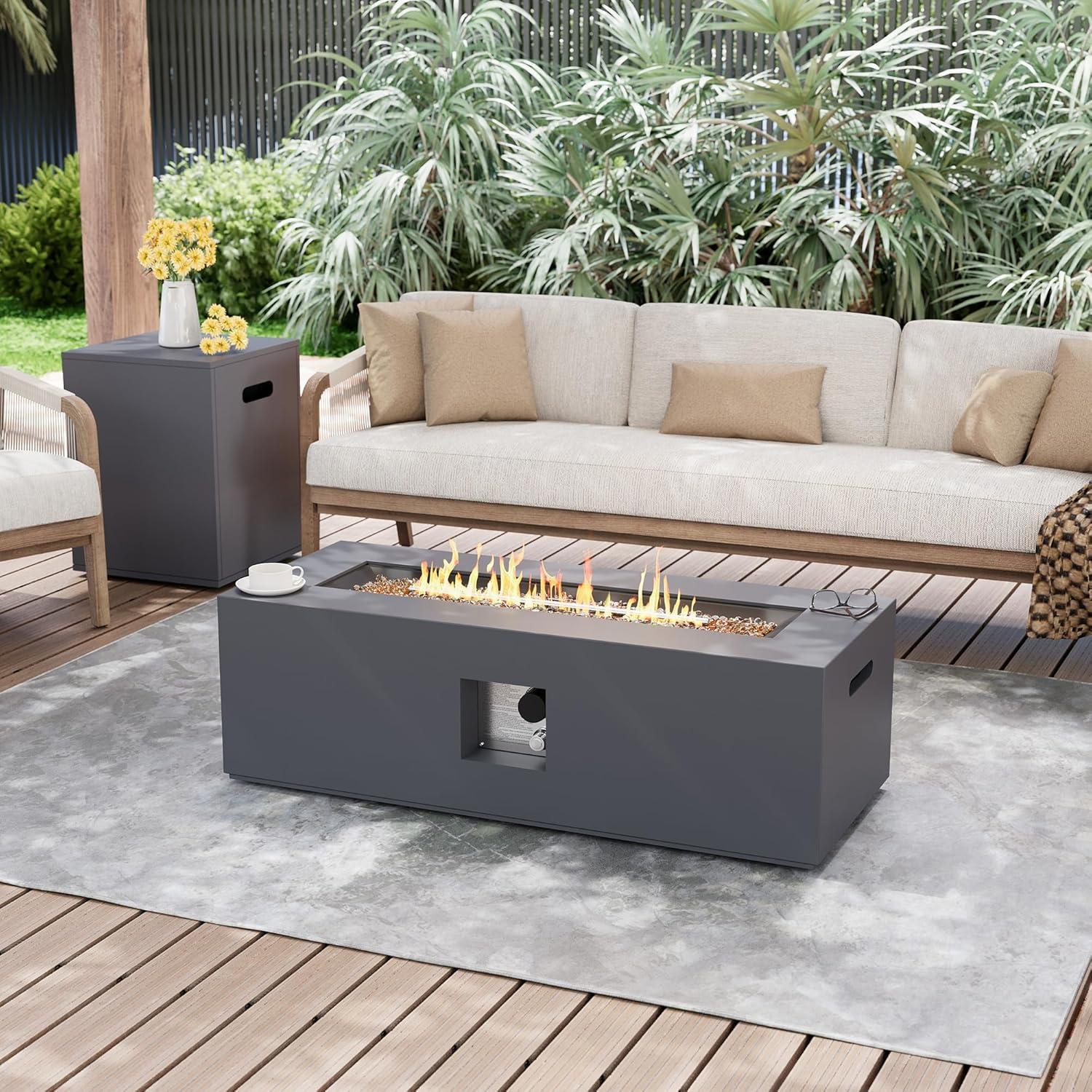 UPHA 42-inch Outdoor Propane Rectangle Fire Pit Table 50000 BTU Iron Gas FirePit for Outside Patio with Tank Cover, Removable Lid, Lava Rocks, Rain Cover, Grey