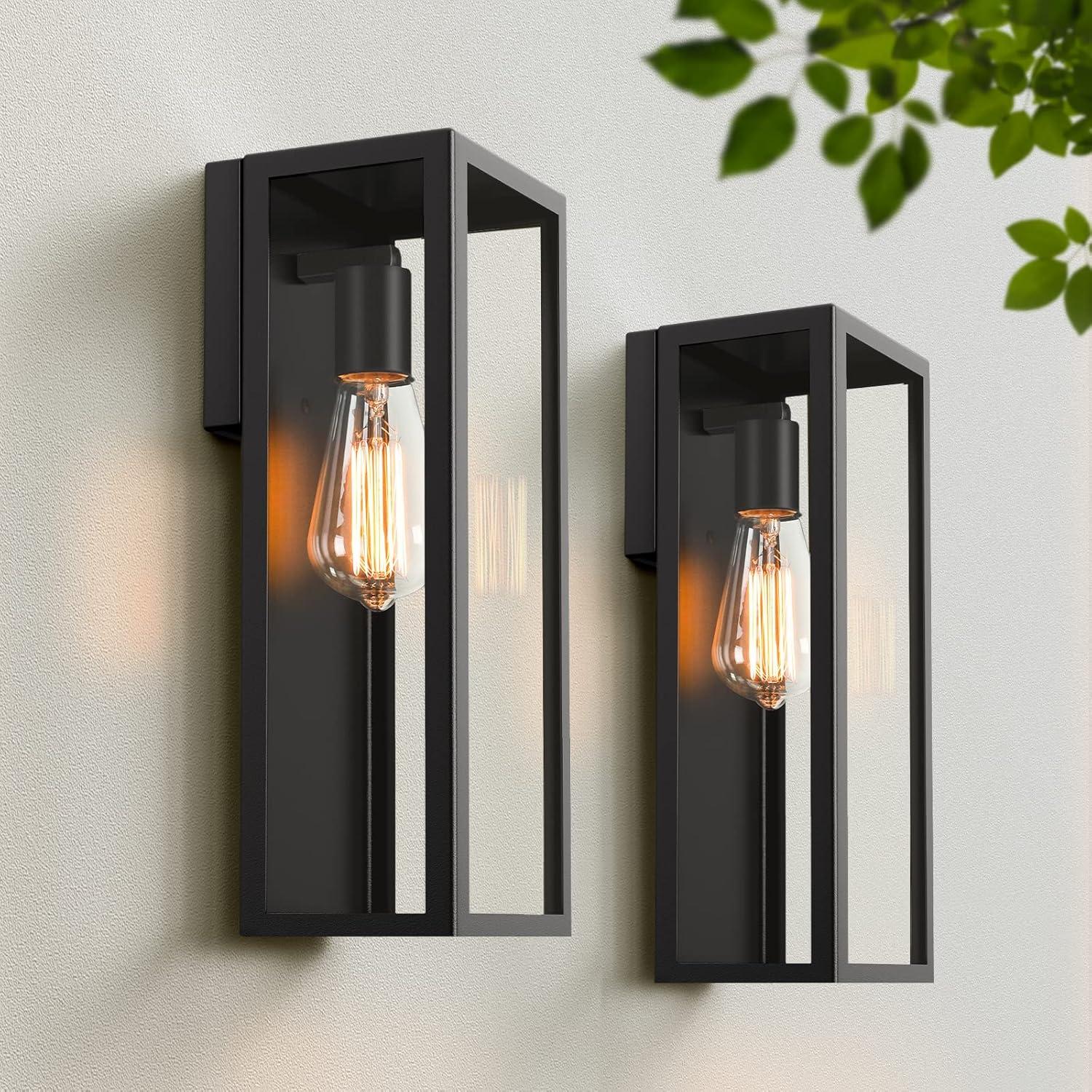 2-Pack Outdoor Wall Lanterns, Exterior Waterproof Wall Sconce With Glass Shades, Matte Black Porch Lights Wall Mounted, Anti-Rust E26 Modern Wall Lighting Fixtures