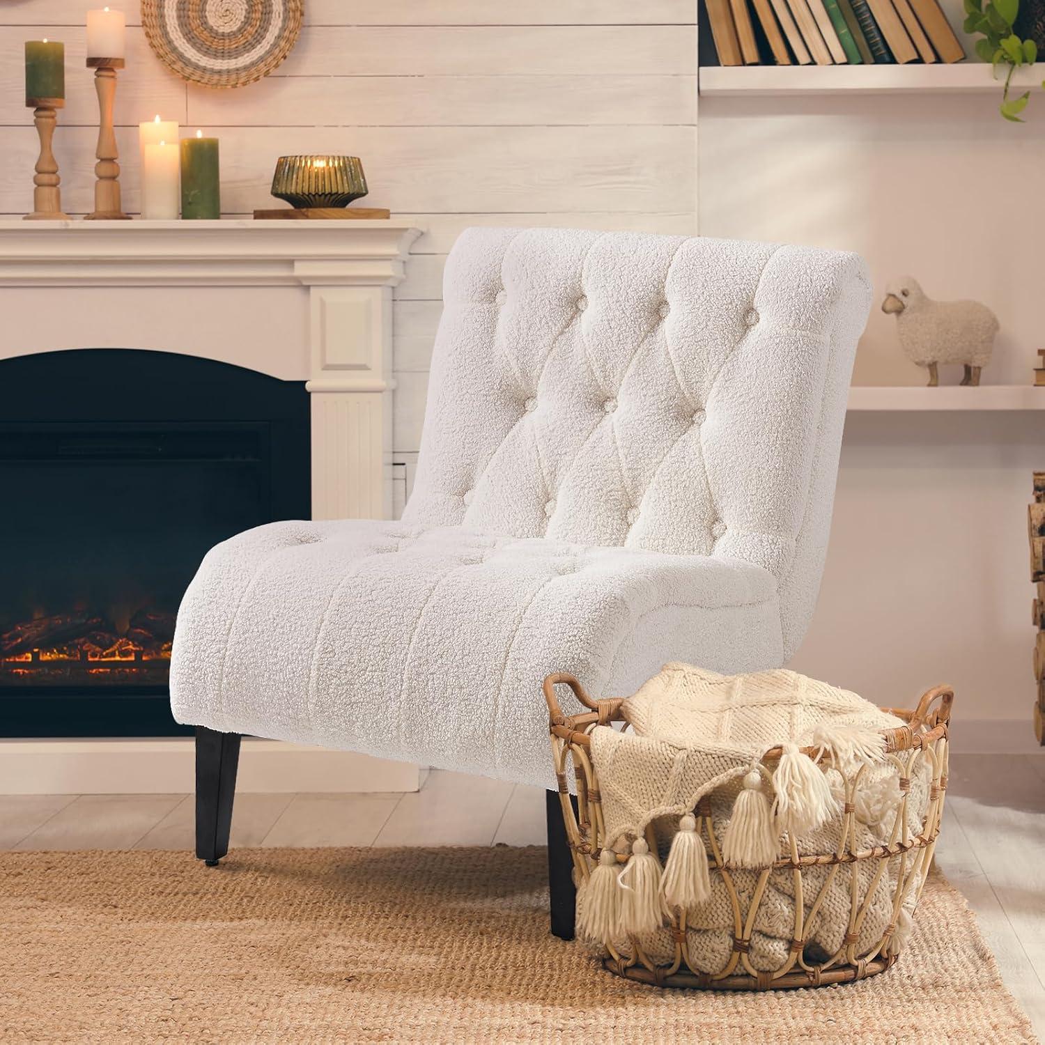 White Velvet Armless Slipper Accent Chair with Wood Legs