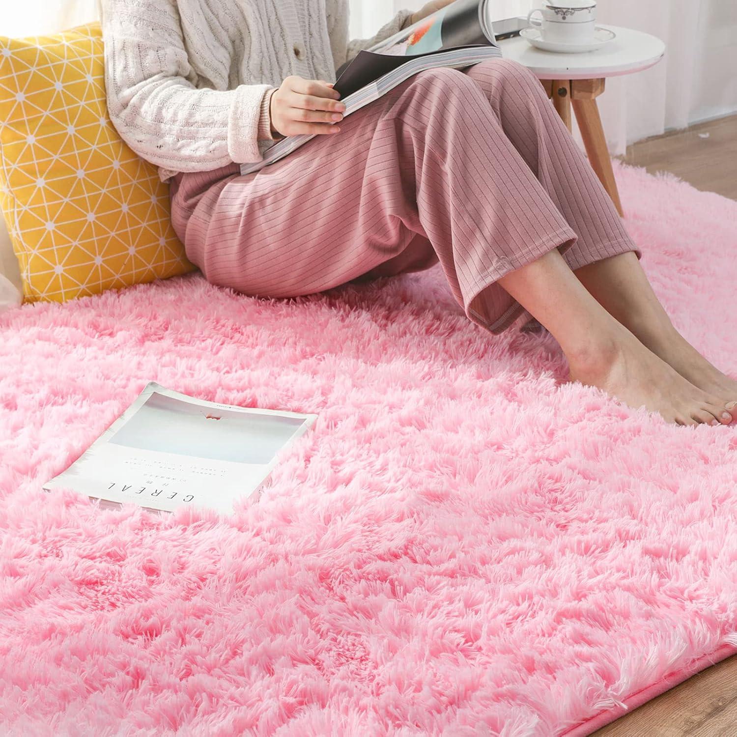 Pink Synthetic Shag Fur Washable Kids Area Rug 4' x 6'