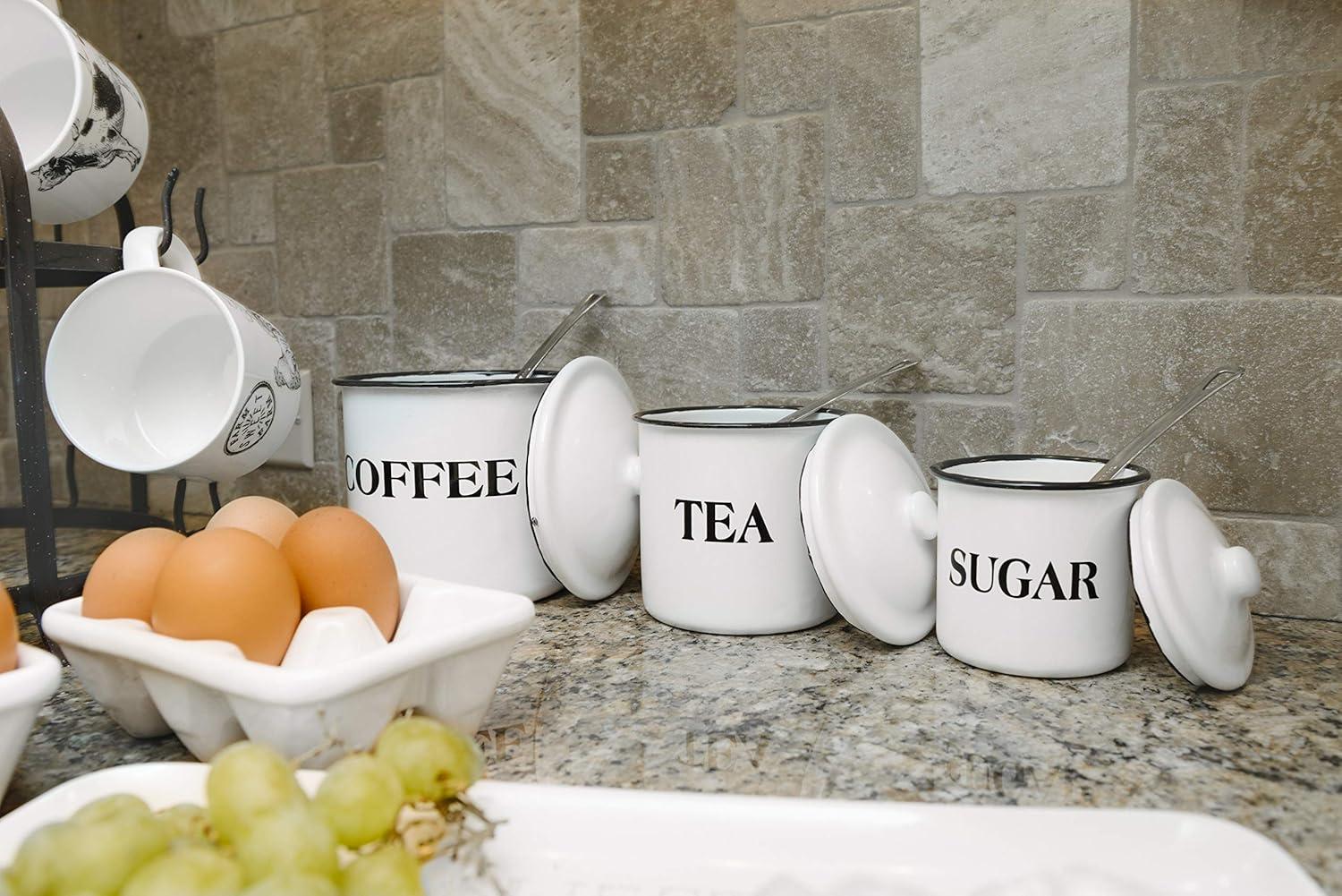 Storied Home Set of 3 'Coffee Tea Sugar' Metal Containers with Lid: Kitchen Canister Set for Coffee & Tea Storage