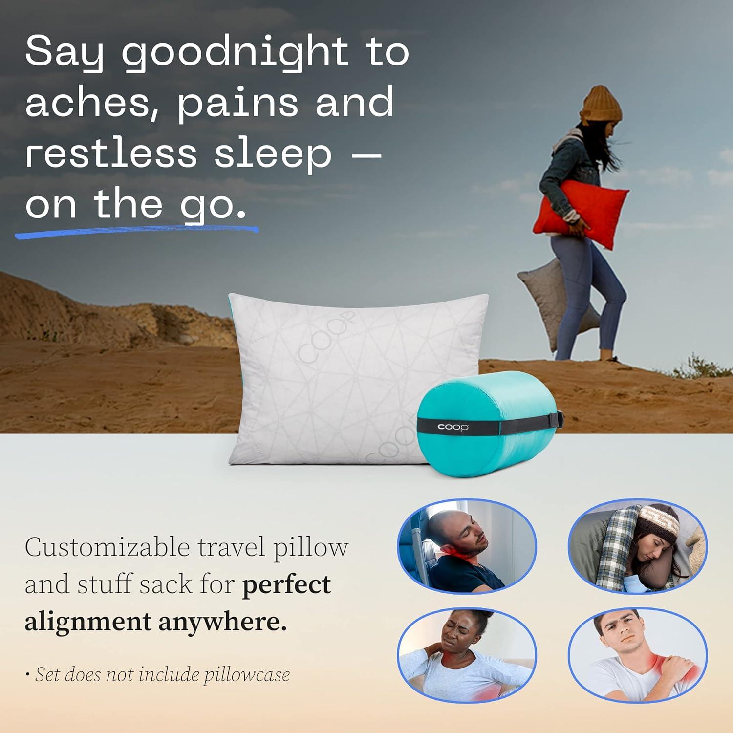 Coop Home Goods Adjustable Travel Pillow - 1 Camping Pillow and 1 Grey Pillowcase Bundle w/ Compressible Stuff Sack