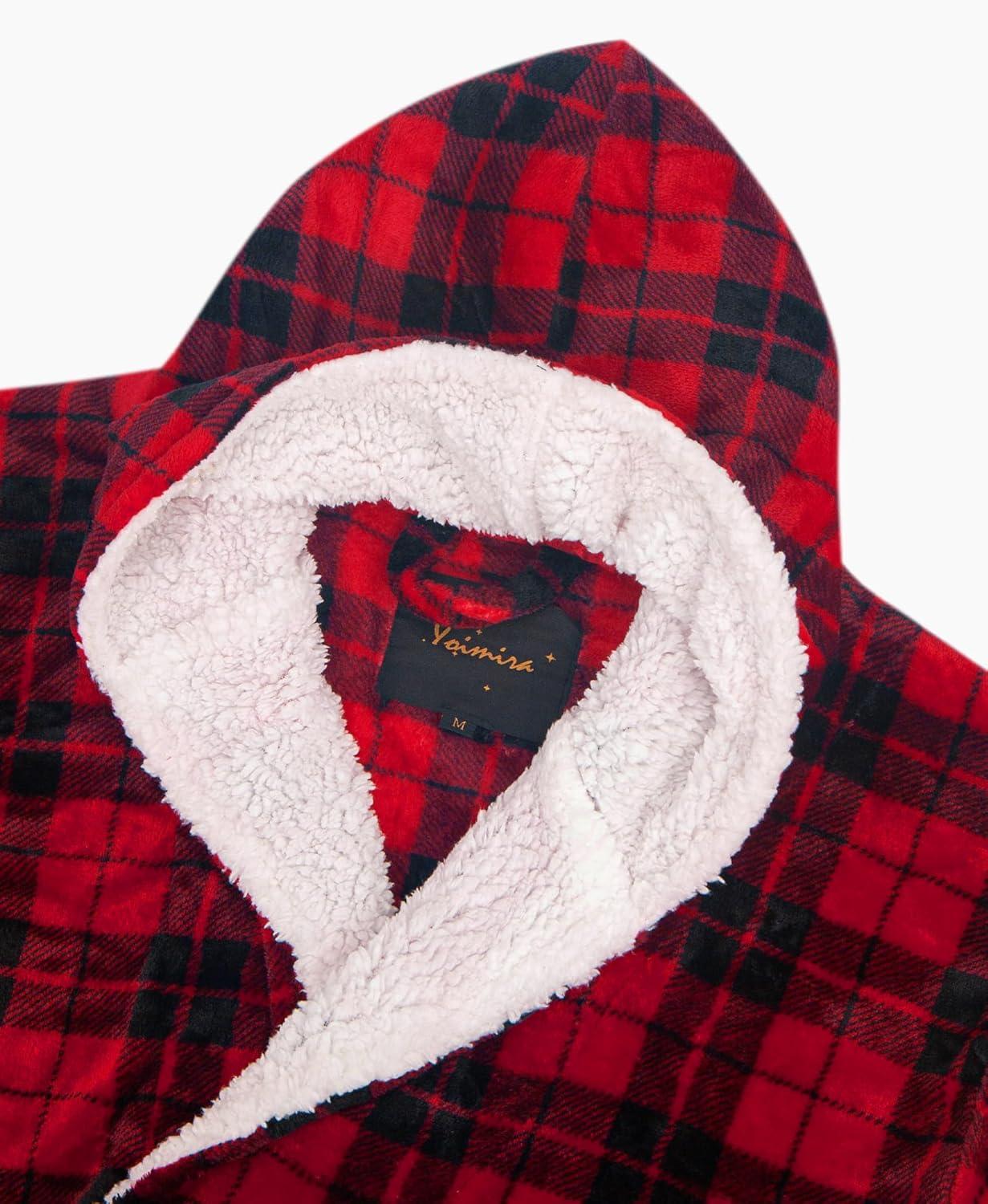 ADR Men's Warm Winter Plush Hooded Bathrobe, Full Length Fleece Robe with Hood Red Black Plaid with Cream Medium