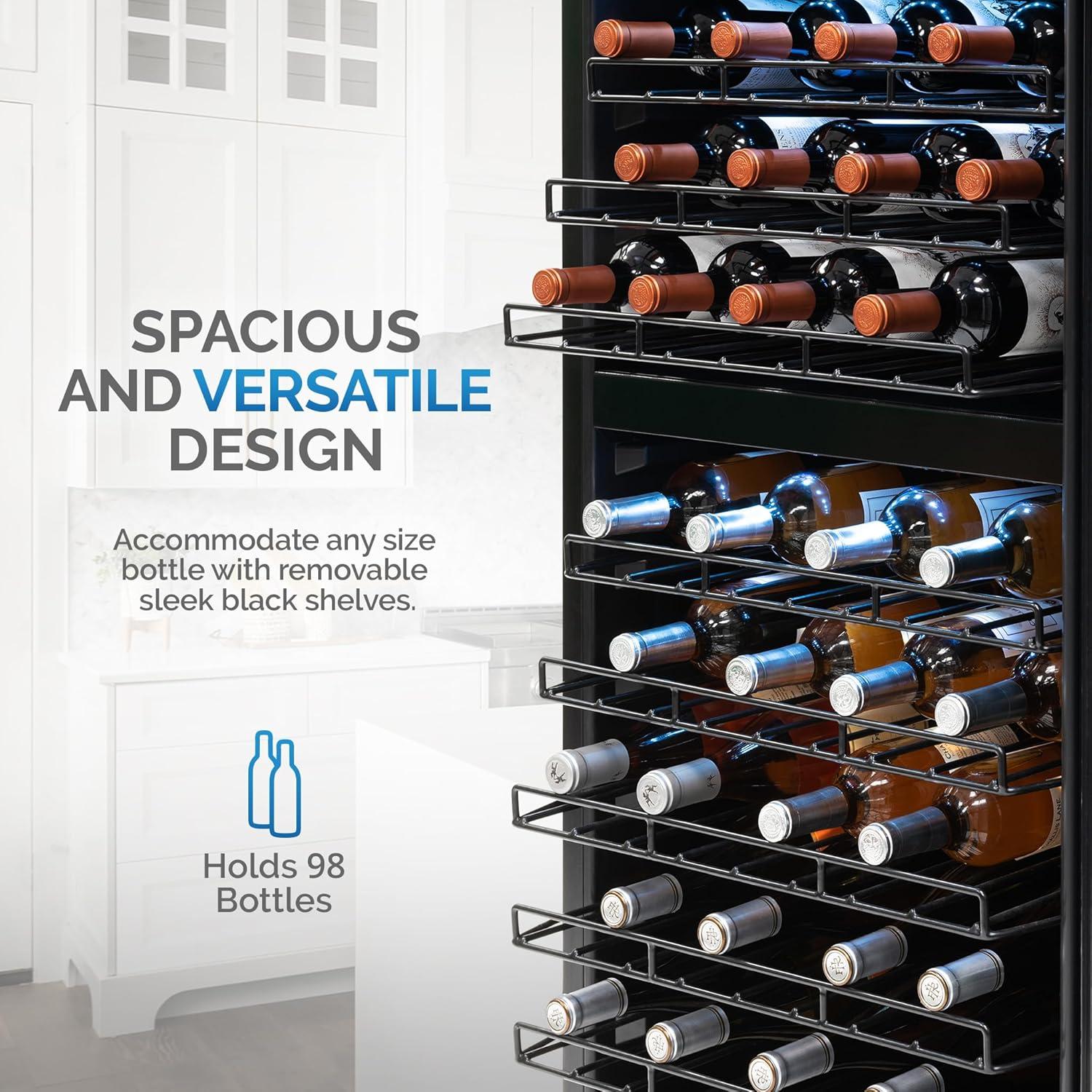 98-Bottle Black and Silver Dual Zone Wine Cooler with Glass Door