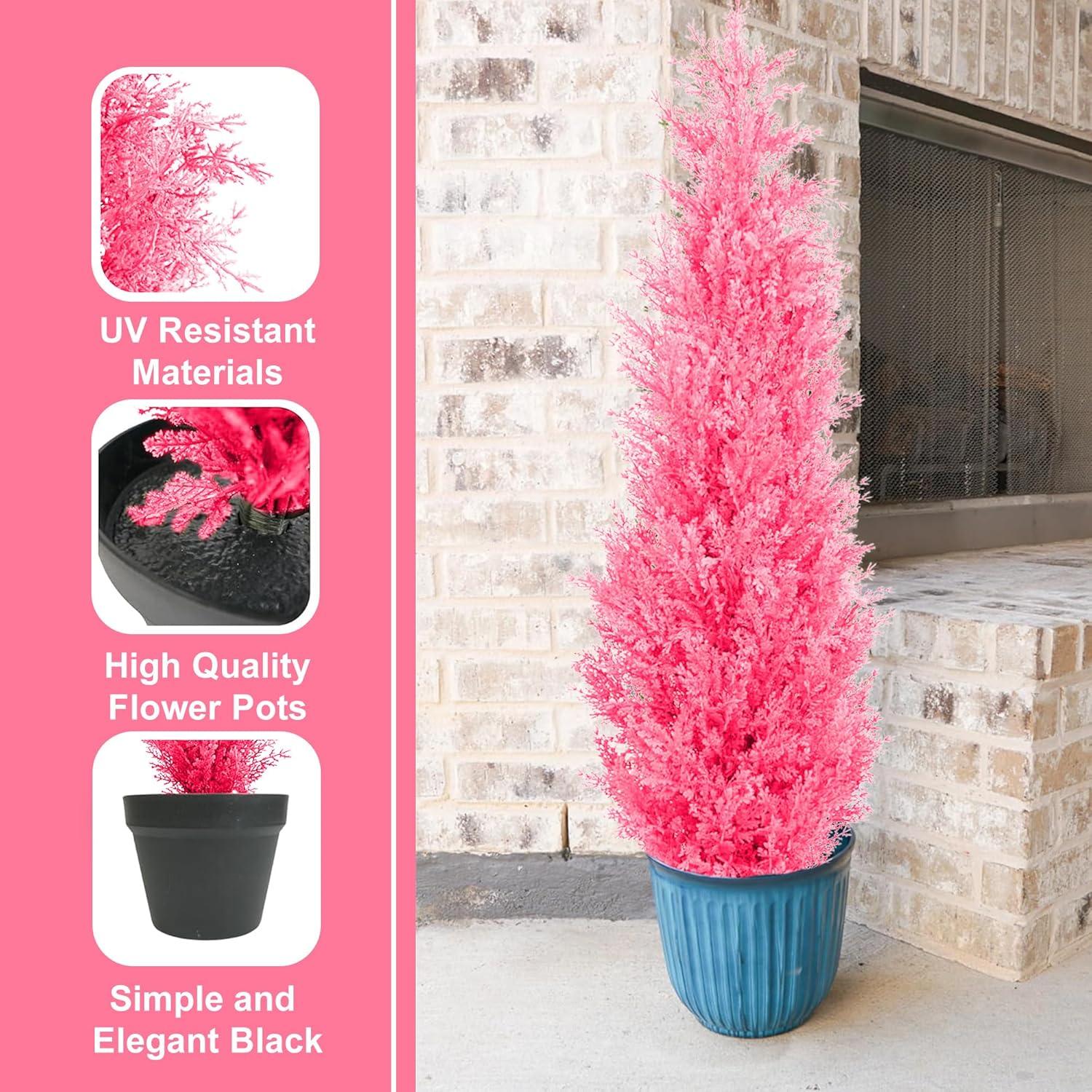 LINBONIO 4 ft Pink Artificial Cedar Tree UV Protection Faux Cedar Pines Outdoor Garden Office Store Front Porch Decoration 2 Pack