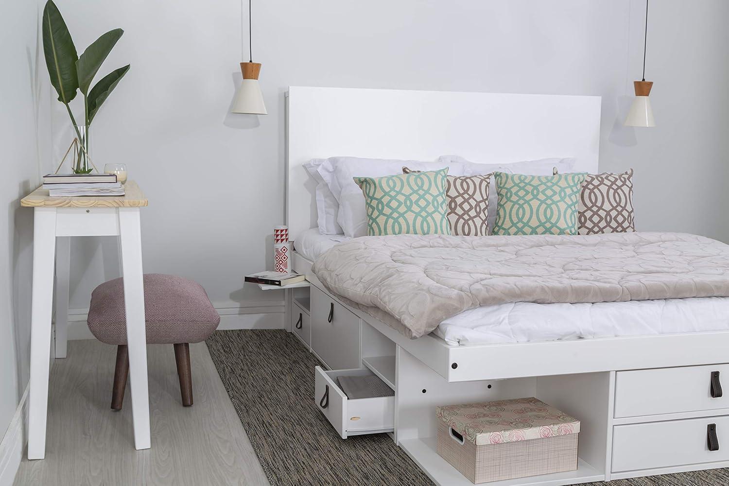 Memomad Bali Storage Platform Sturdy Bed Frame with Drawers & More (Queen Size, White Wood)