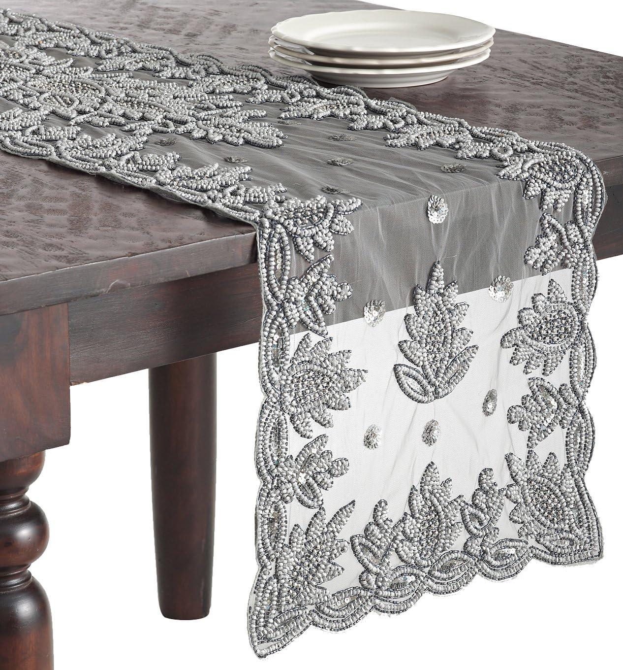 Saro Lifestyle Hand Beaded Design Runner, Pewter, 16" x 72"