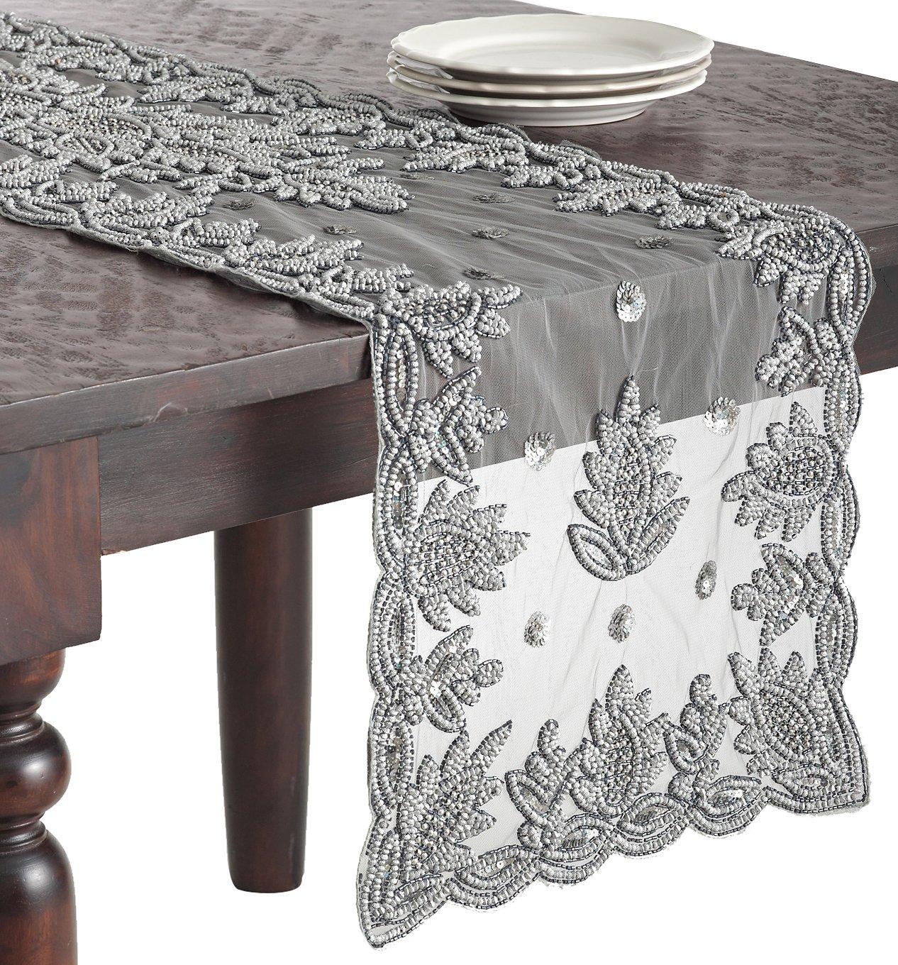 Saro Lifestyle Hand Beaded Design Runner, Pewter, 16" x 72"