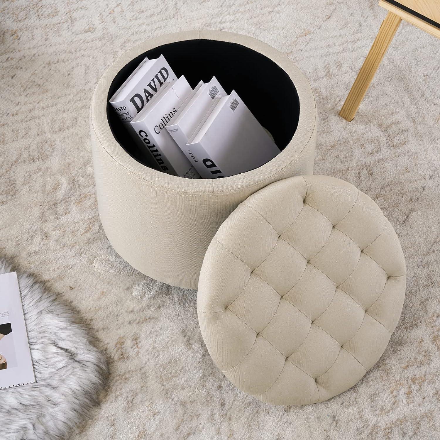 Furniliving Upholstered Round Storage Ottoman Large Tufted Ottoman with Removable Lid Footrest Stool for Living Room, Bedroom, Beige