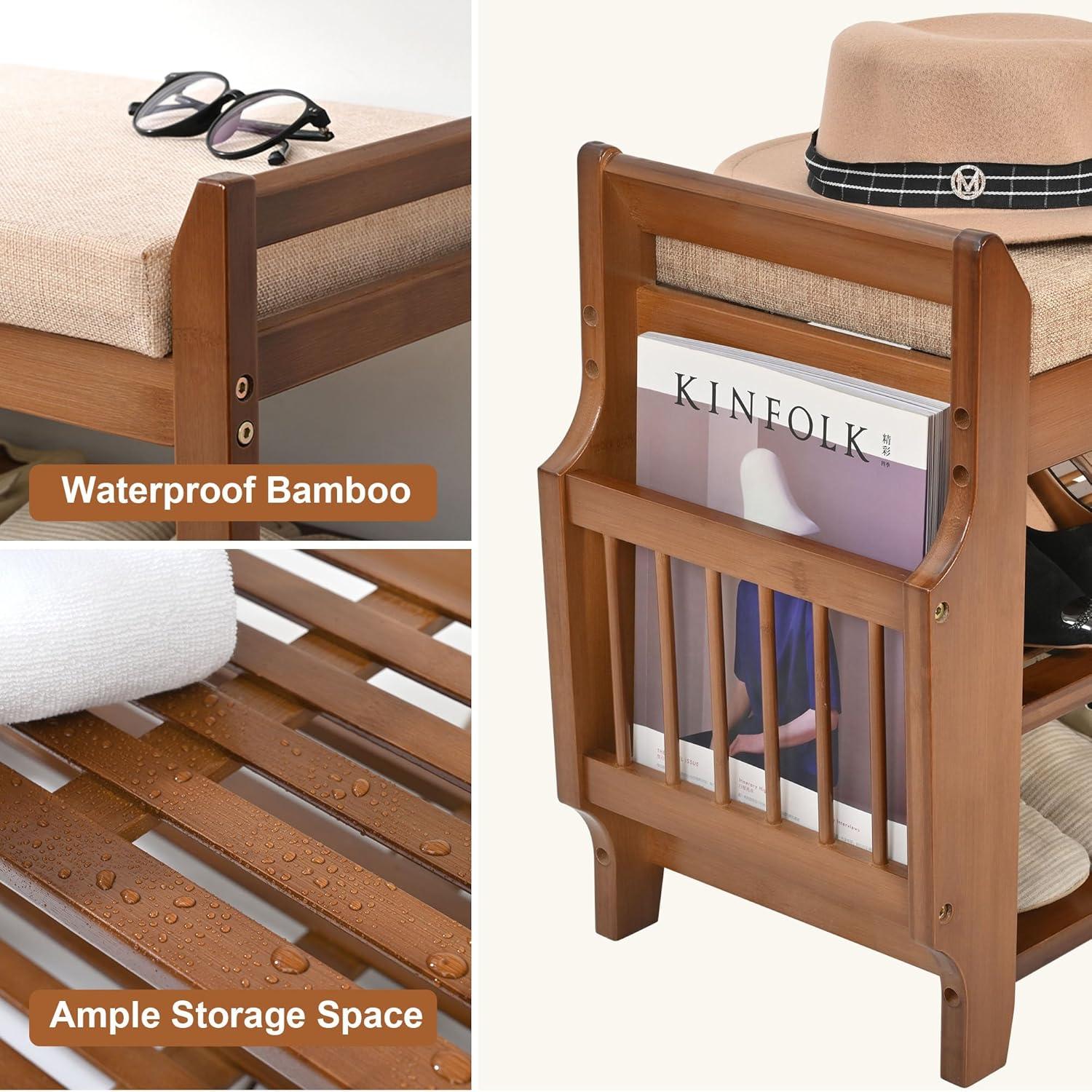 Bamboo 2-Tier Shoe Storage Bench with Hidden Drawer