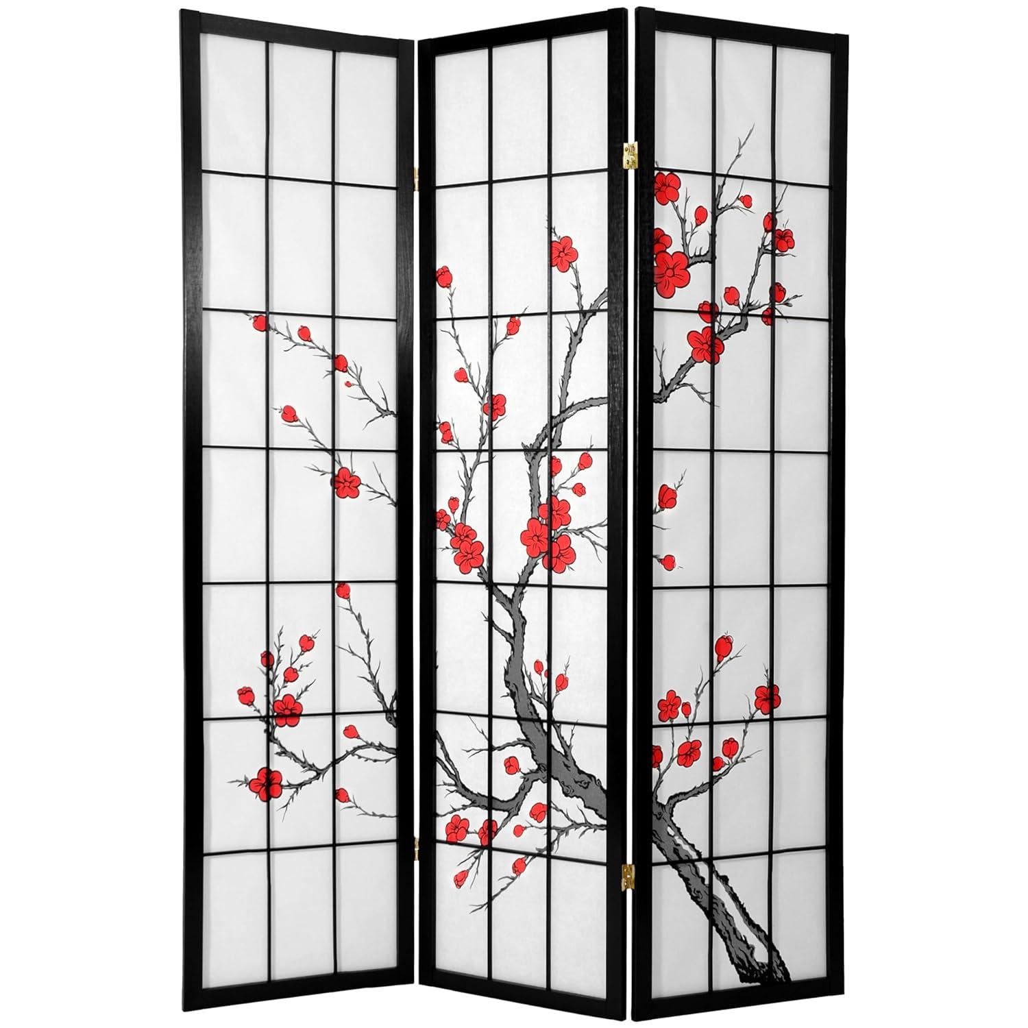 Oriental Furniture 6' Tall Blossom Shoji Screen 3 Panels Black: Japanese Style Privacy & Decor