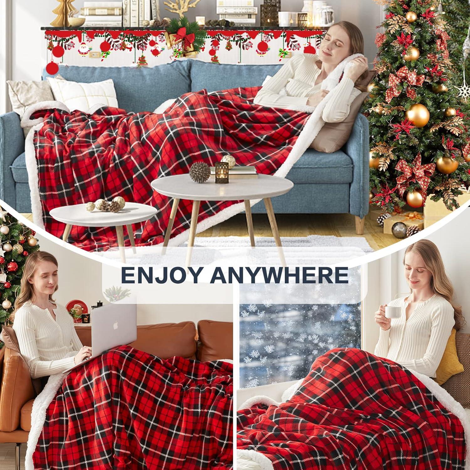 Red Plaid Sherpa Fleece Reversible Throw Blanket