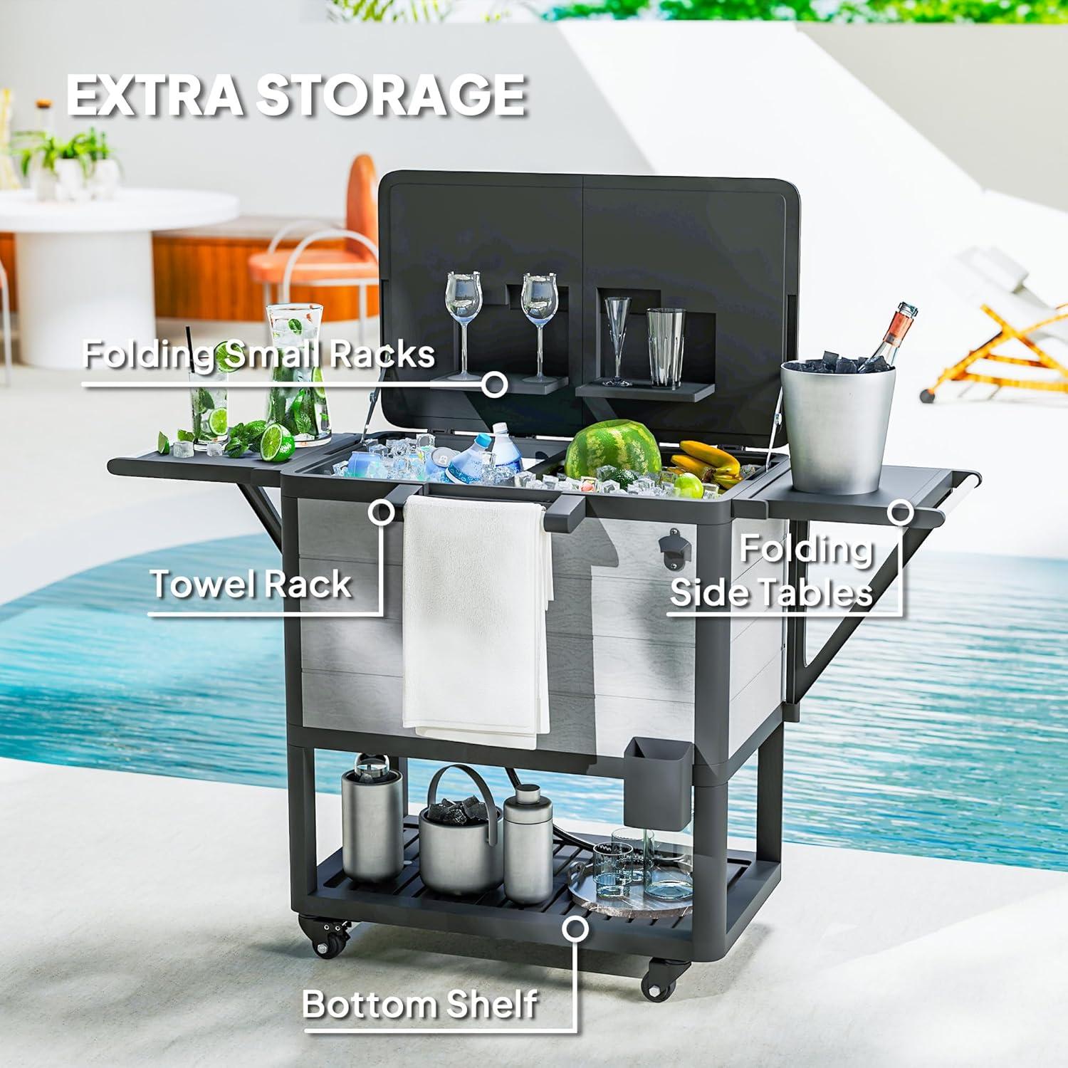 Outsunny 104 Quart Patio Cooler Cart, Outdoor Beverage Rolling Ice Chest with Bottle Opener and Shelves for Pool Deck BBQ Cookouts Party, Gray