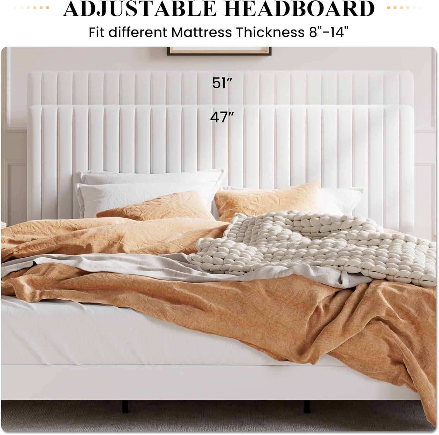 SHA CERLIN King Upholstered Platform Bed Frame with Vertical Channel Tufted Velvet Fabric Adjustable Headboard, Wooden Slats Support, Mattress Foundation, Box Spring Optional, White