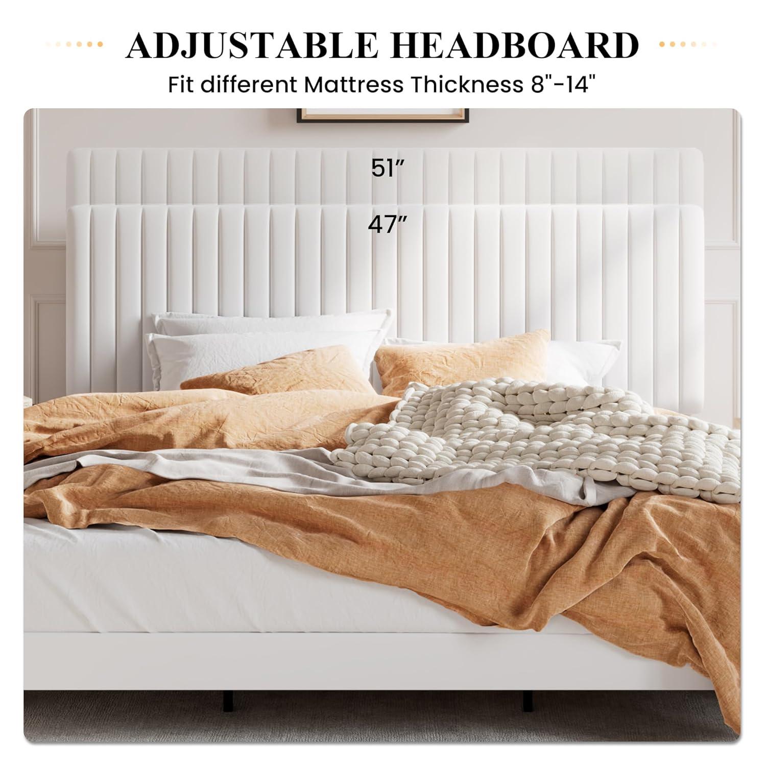 SHA CERLIN King Upholstered Platform Bed Frame with Vertical Channel Tufted Velvet Fabric Adjustable Headboard, Wooden Slats Support, Mattress Foundation, Box Spring Optional, White