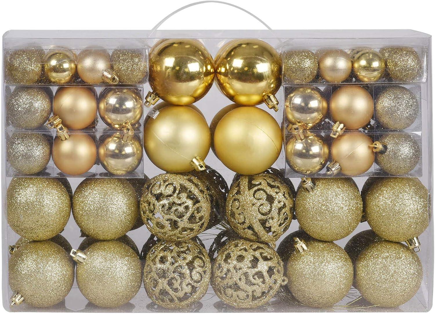 Gold Shatterproof Plastic Christmas Ball Ornaments Set, 100 Pieces