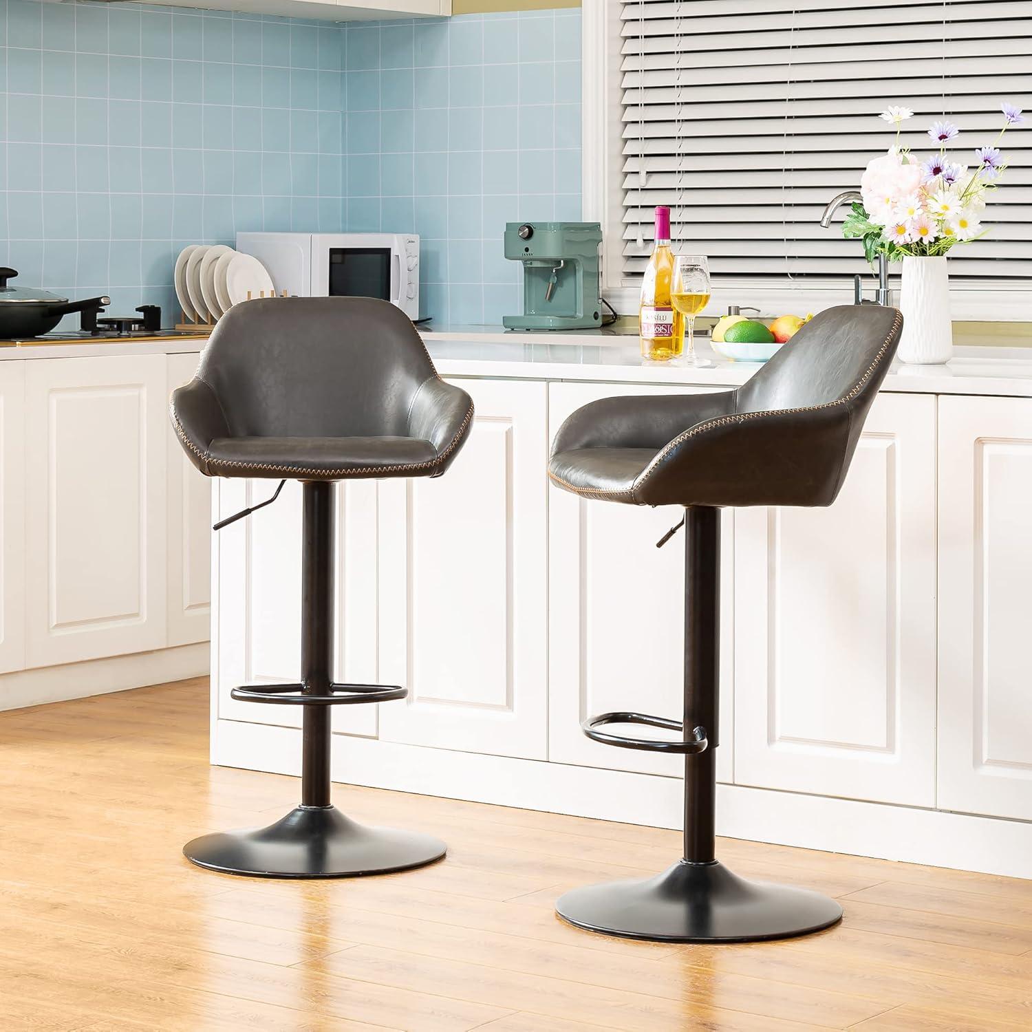 Glitzhome  42"H Mid-Century Adjustable Faux Leather Swivel Bar Stools Low Back Grey Set of 2 Foam, Steel Faux Leather, Foam Footrest, Padded Seat,
