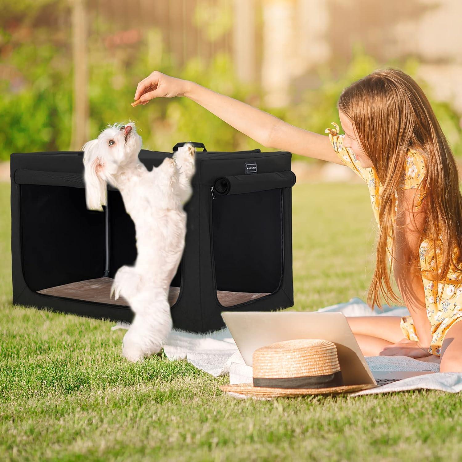 PETSFIT 30in Portable Dog Crate,Comfy Inside with Thicken Mat, Collapsible Crate for Home and Travel,Black