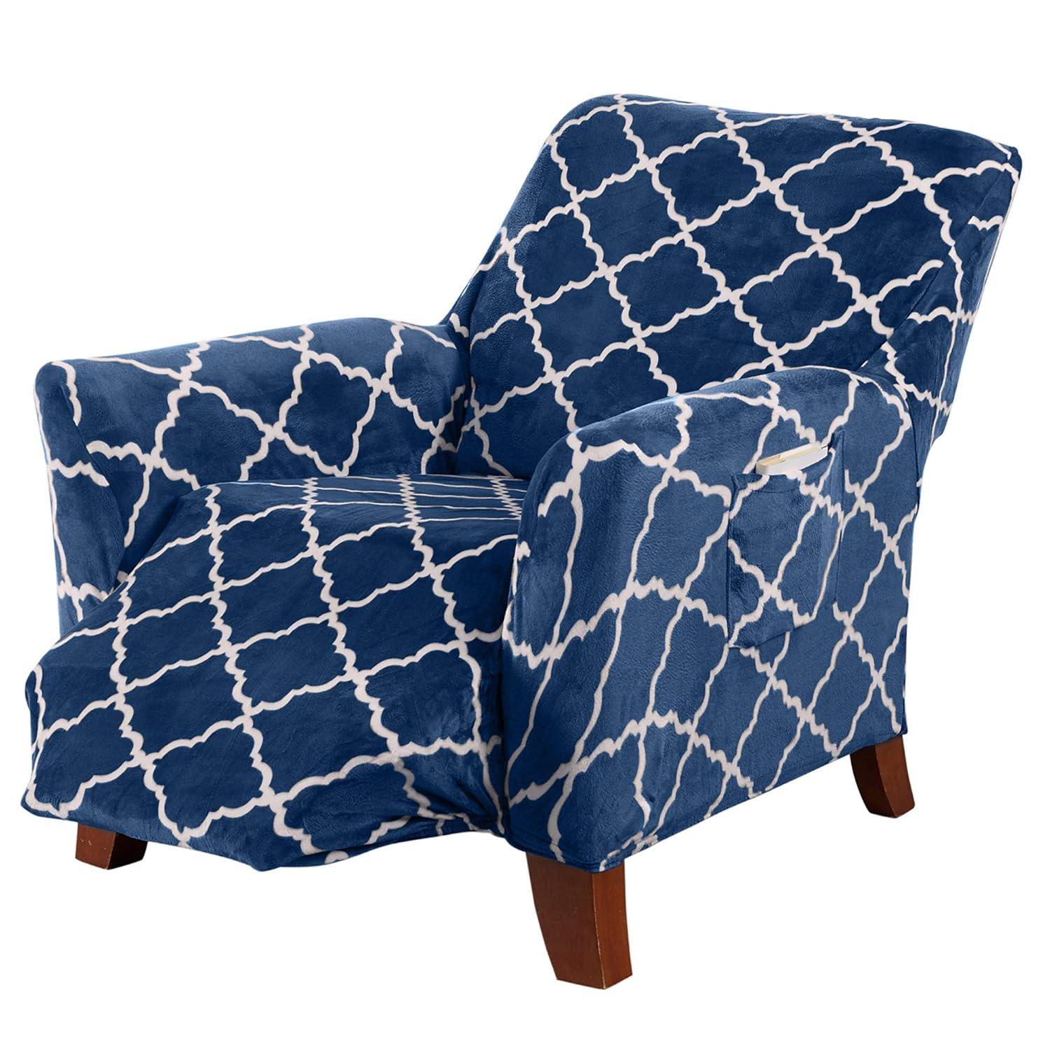 Great Bay Home Stretch Printed Washable Recliner Slipcover (Recliner, Navy)