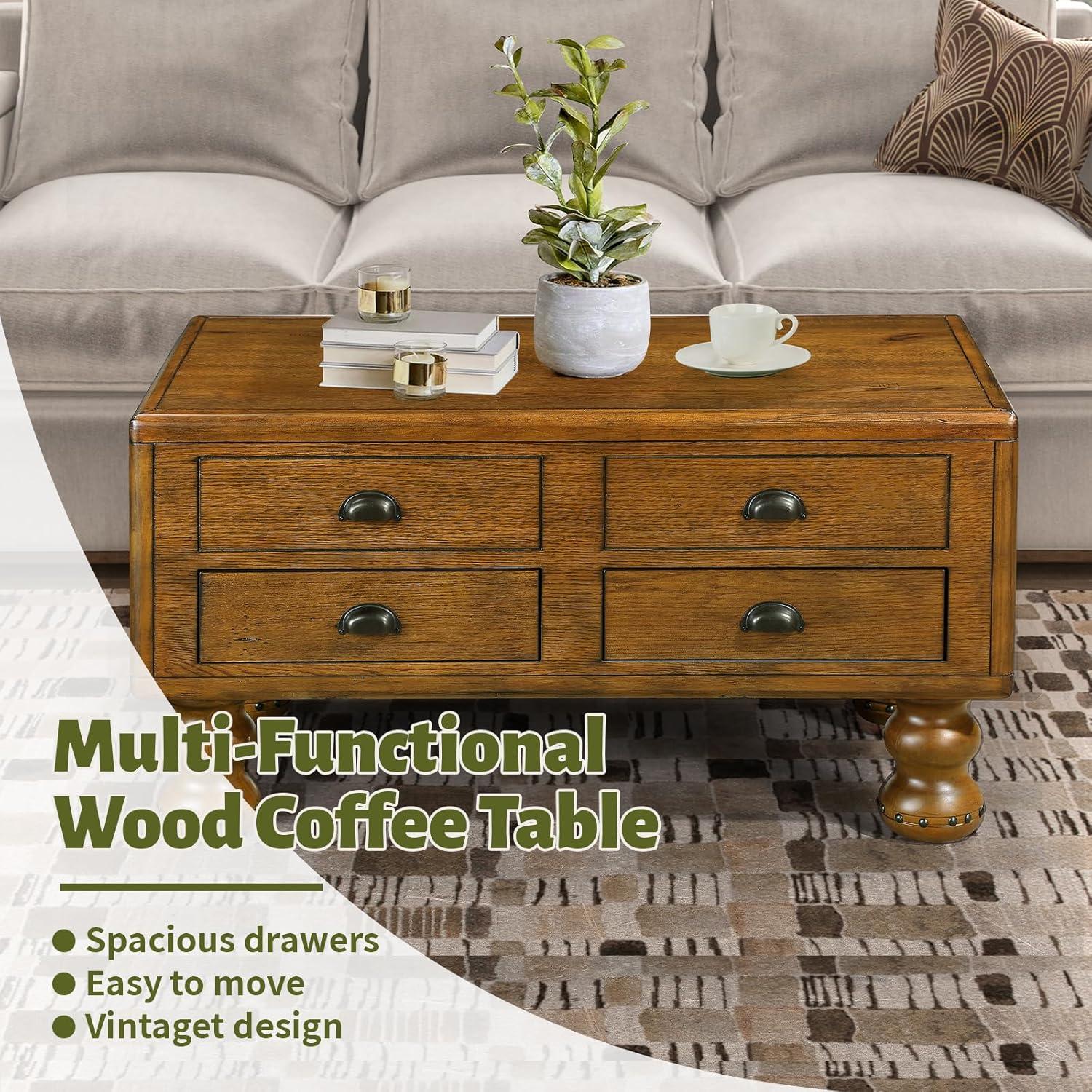 LKTART Wood Coffee Table with Storage Drawers, Vintage Rectangular Coffee Table for Living Room, Distressed Center Table with Rivet Decoration Legs(Rustic Brown, 40 inch)