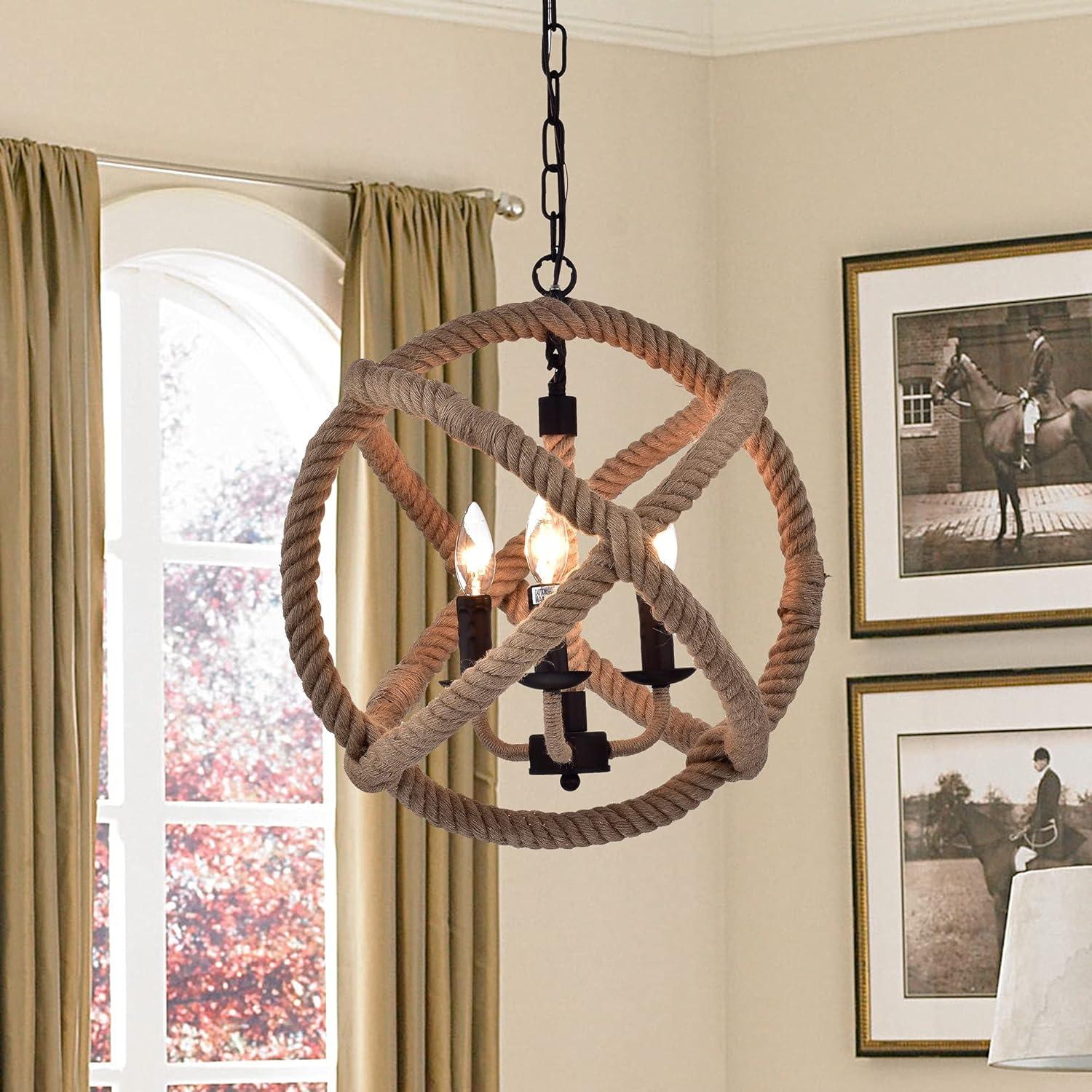 Twirlie 20" Antique Bronze Metal Chandelier with Hemp Rope Accent