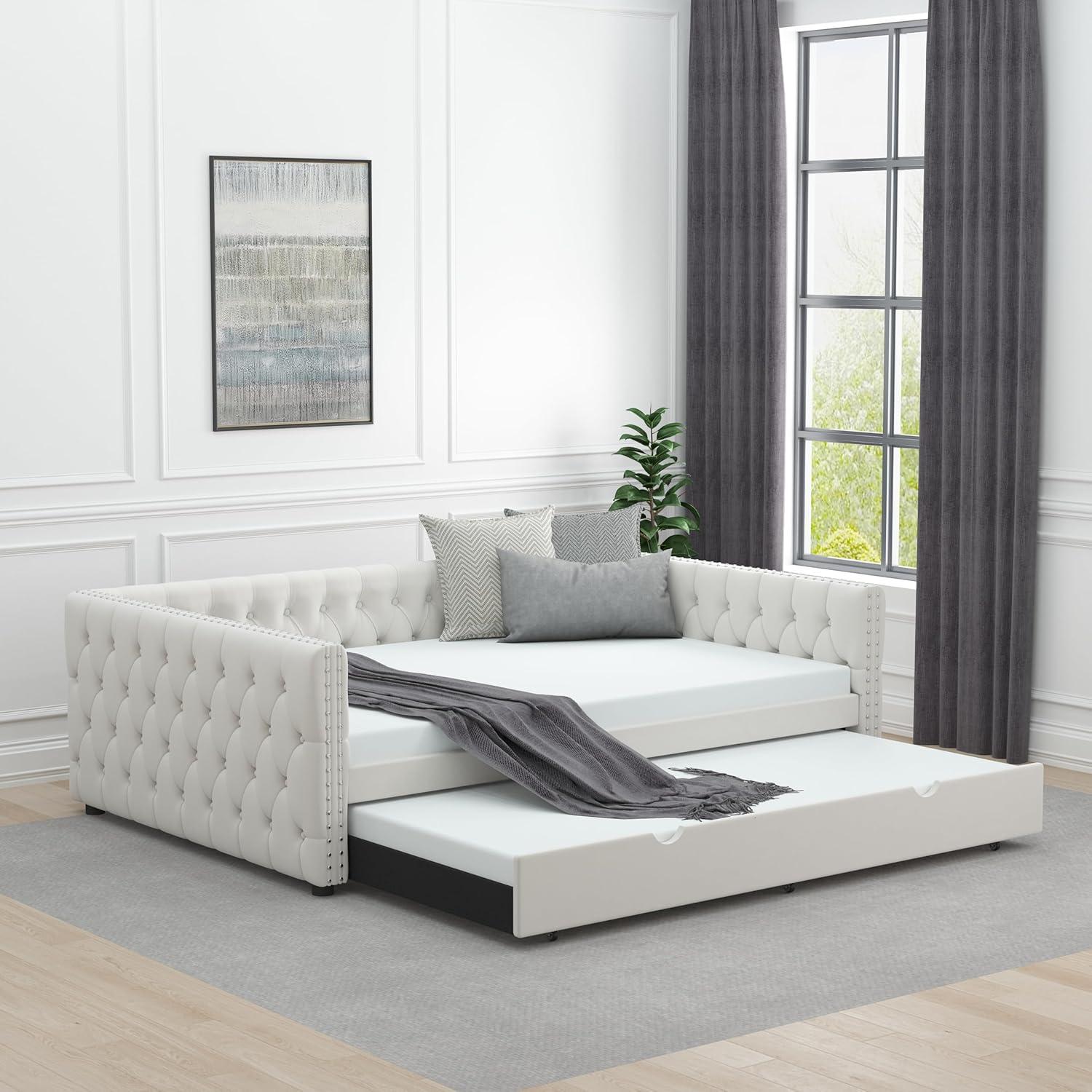 KNeretva Velvet Full Daybed with Twin Trundle, Modern Upholstered Full Size Day Bed Button-Tufted Sofa Daybed Frame (Black)