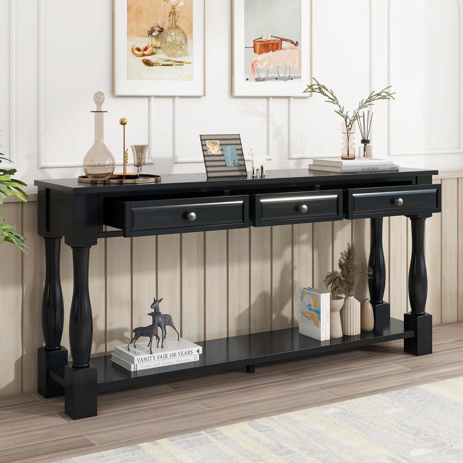 merax LUMISOL 64 inch Long Console Table with 3 Drawers and Bottom Shelf, Sofa Table Entryway Table for Hallway, Living Room, Easy Assembly (Distressed Black)