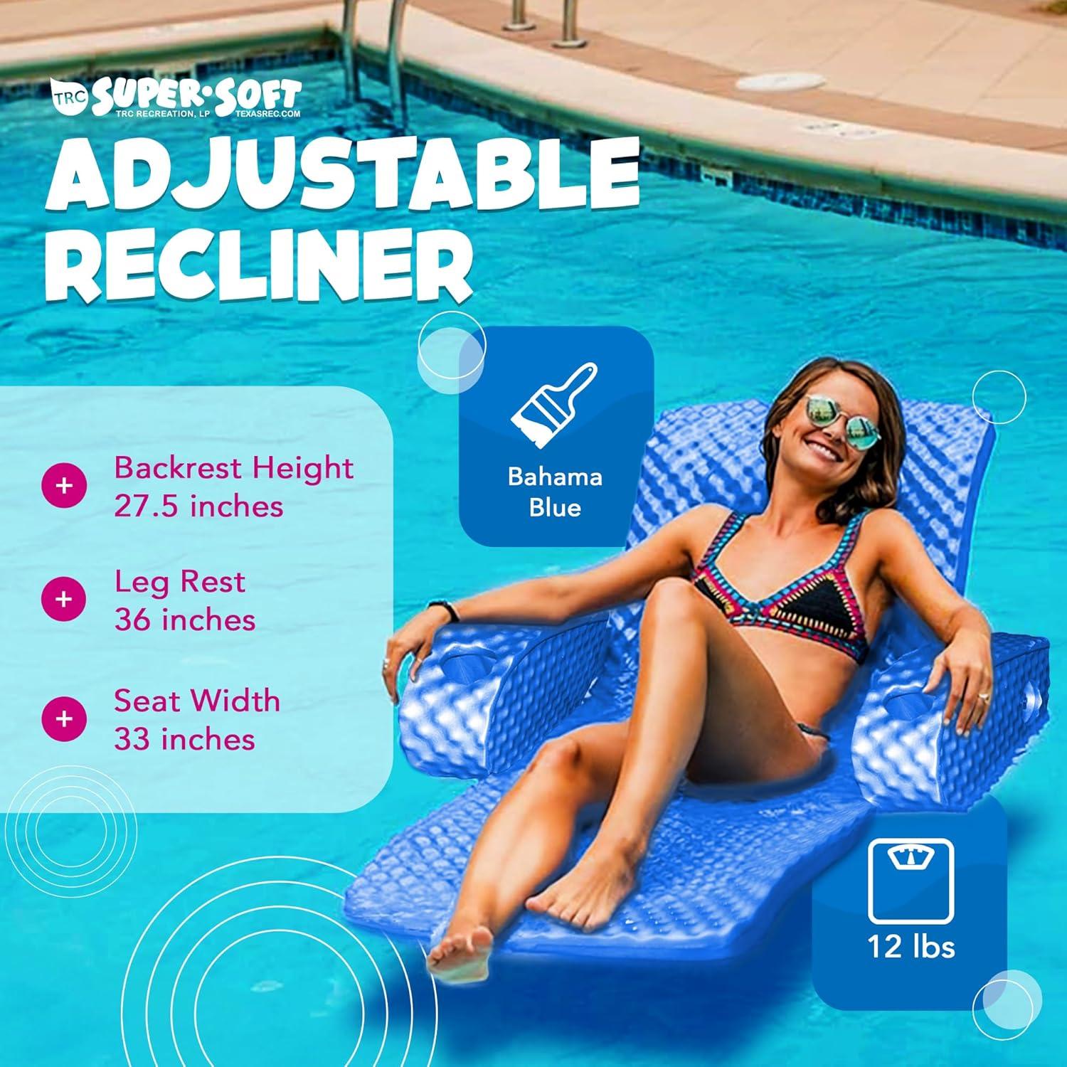 TRC Recreation Super Soft Adjustable Pool Recliner Float Portable Comfortable Chair Lounger with Cup Holders for Swimming Pool Essentials, Bahama Blue