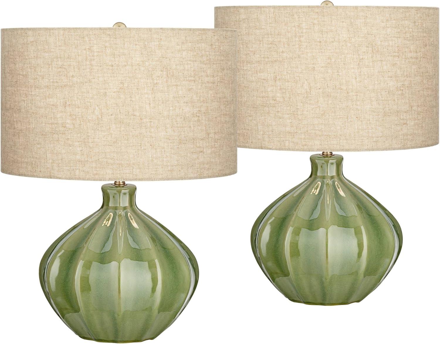 360 Lighting Gordy Modern Accent Table Lamps 20 1/2" High Set of 2 Ribbed Green Ceramic Oatmeal Fabric Drum Shade for Bedroom Living Room Nightstand