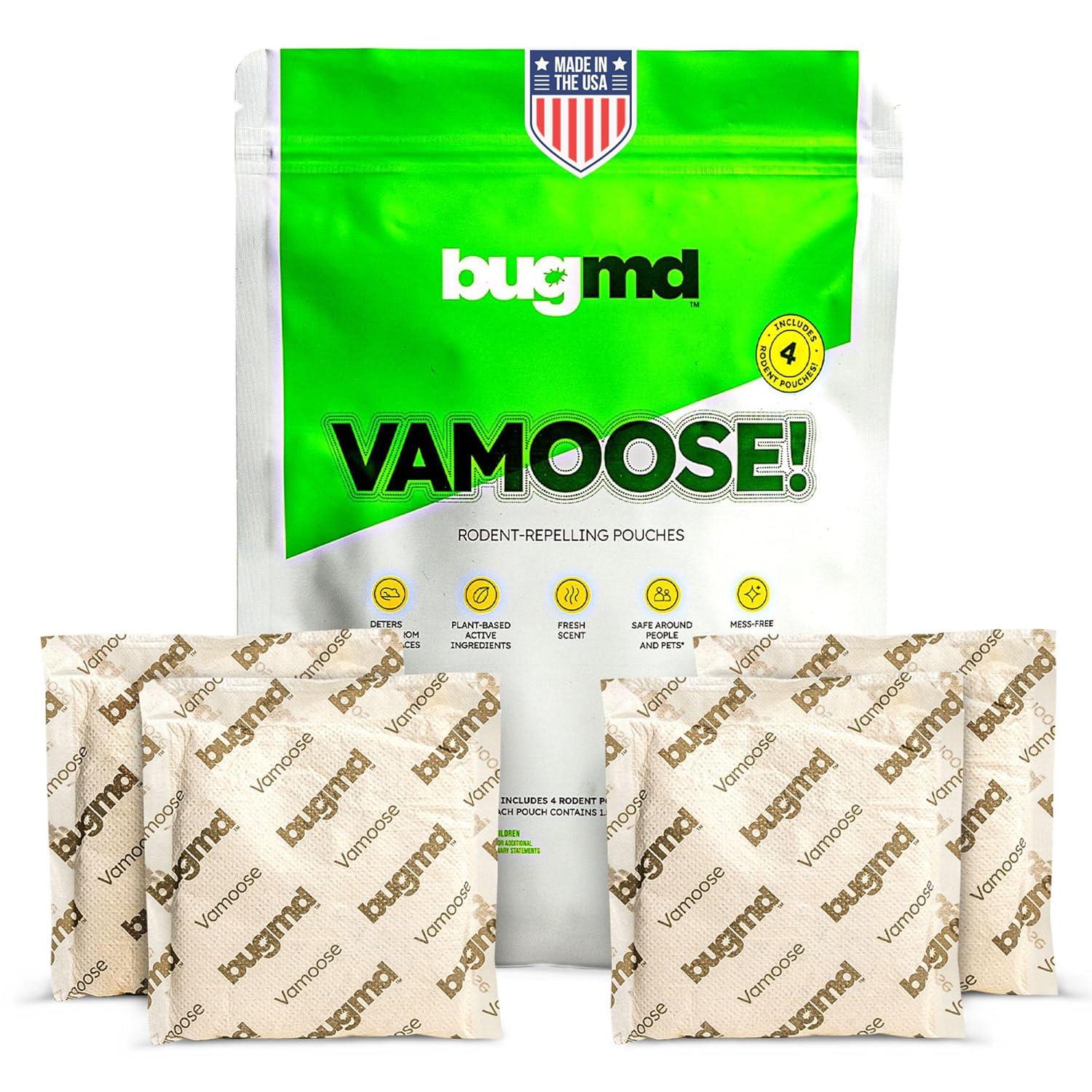 BugMD Vamoose - Rodent Repellent Pouches (1 Pack, 4 Pouches), Plant-Powered Rat Repellent, Rodent Defense Mice Repellent, Rat Repellent, Mouse Deterrent Indoor