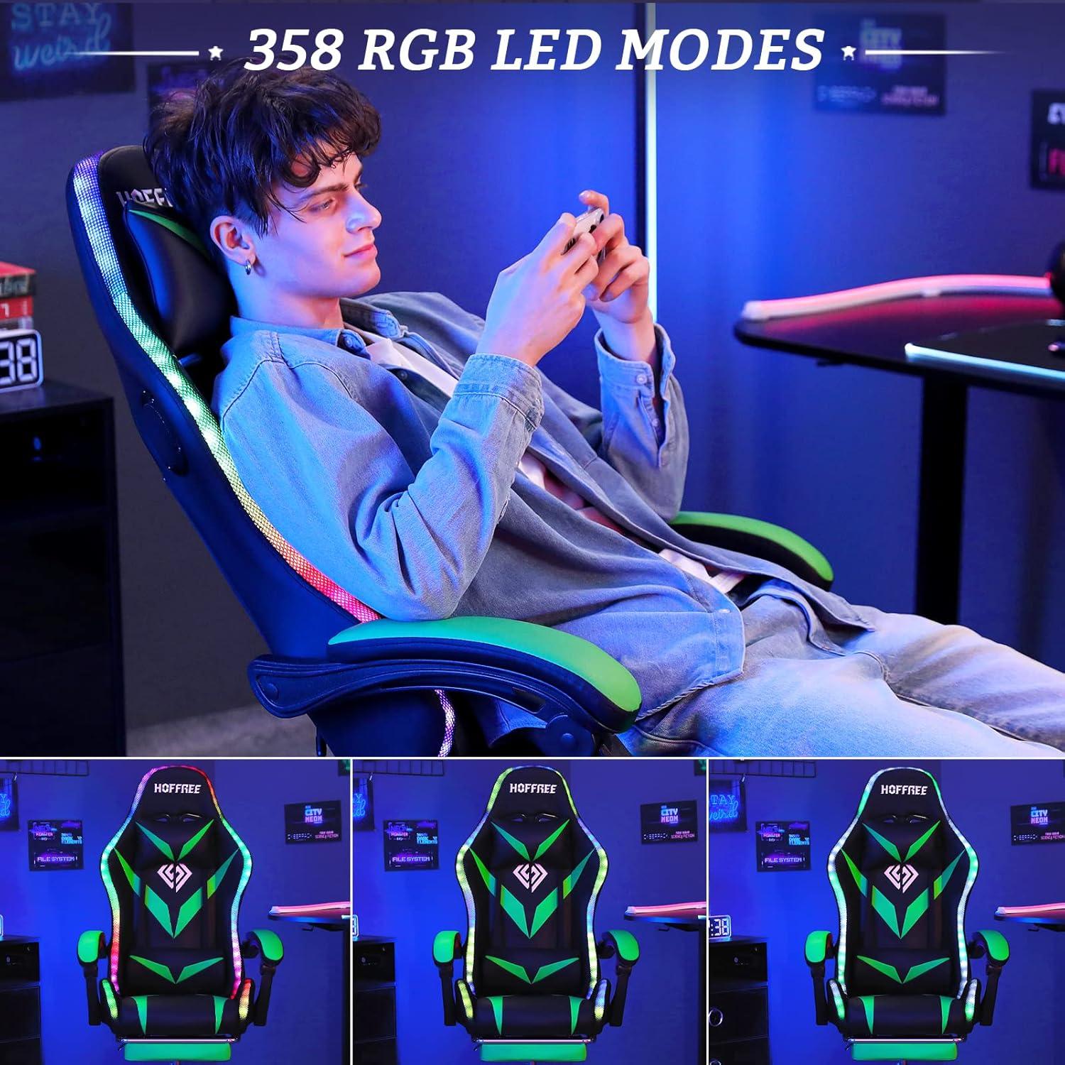 Ergonomic Black and Green Leather Gaming Chair with LED Lights