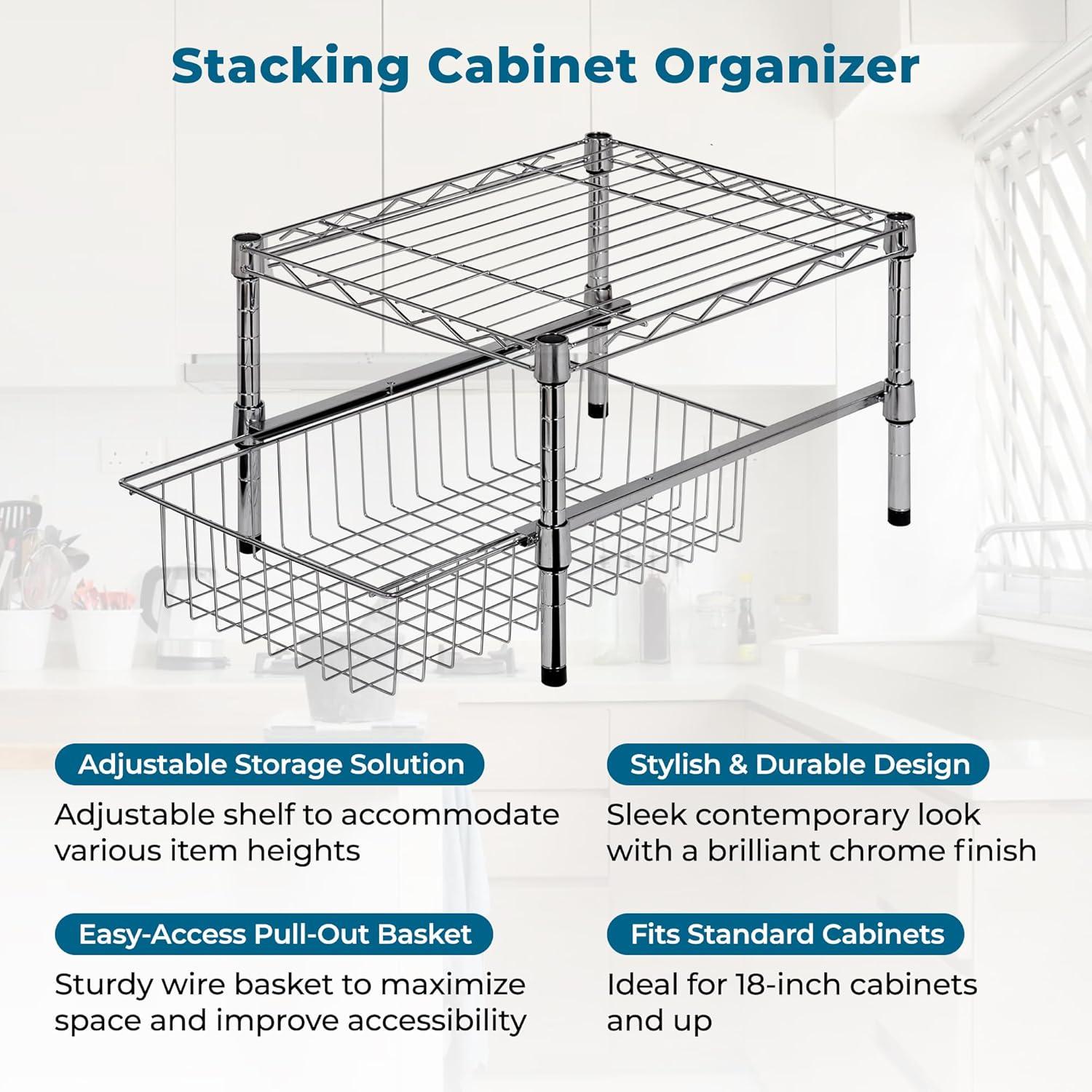 Honey-Can-Do Steel 2-Tier Stackable Adjustable Cabinet Organizer with Drawer, Chrome