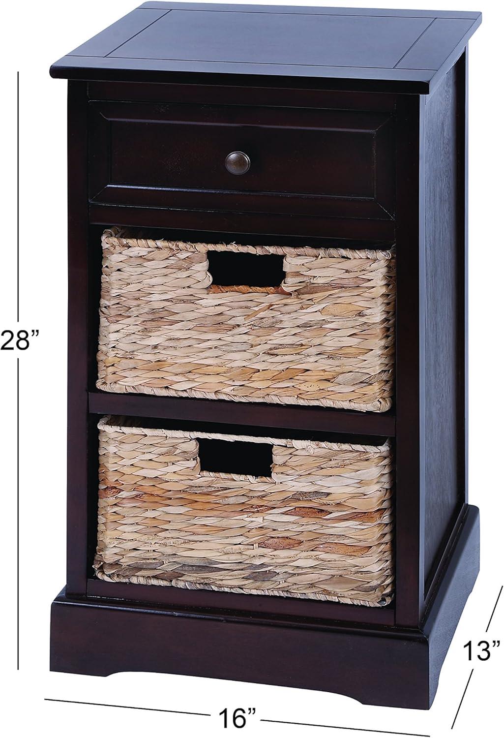 Elegant Brown Wooden Side Chest with Wicker Drawers - 33" x 20.5"